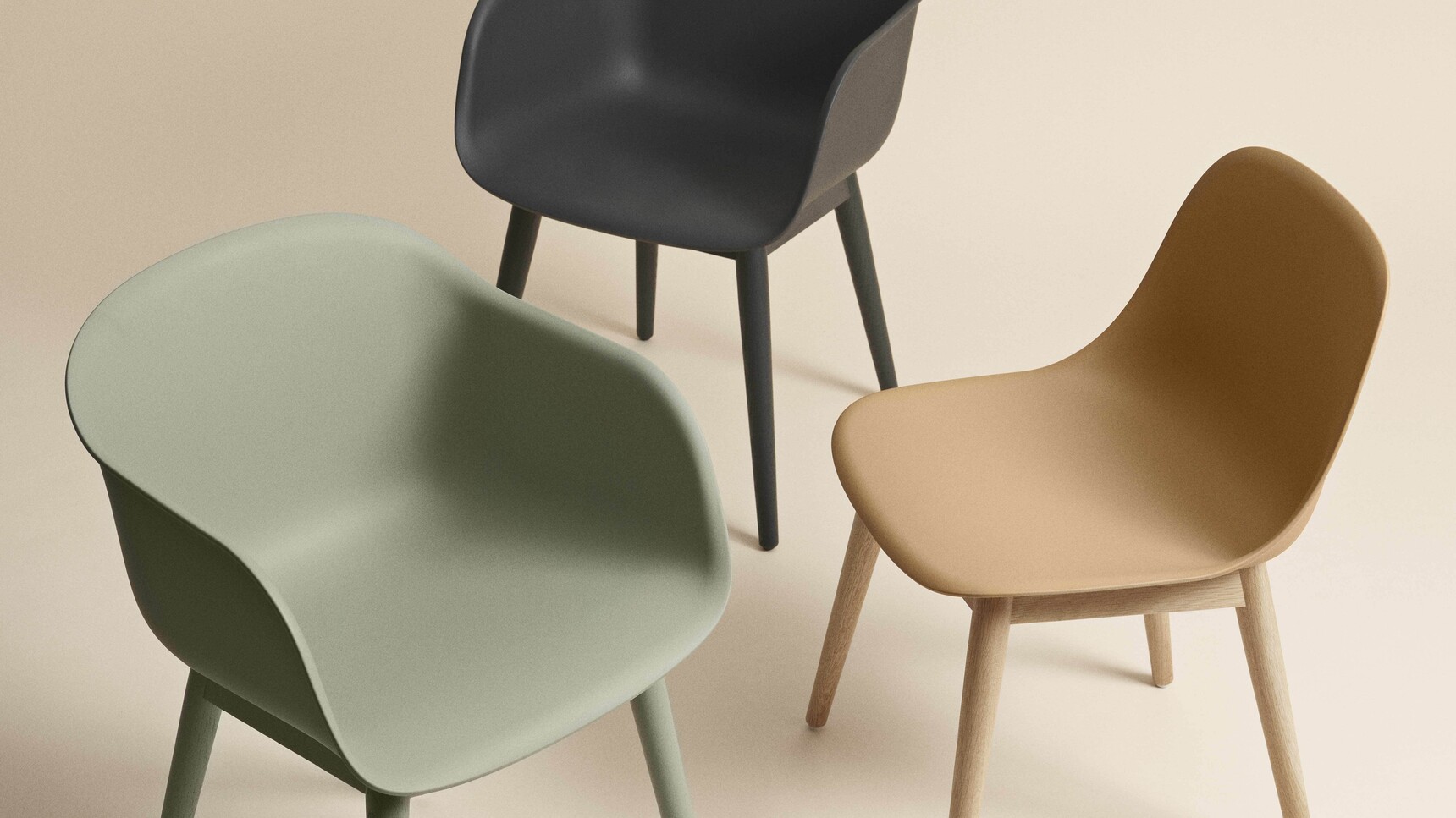 Muuto Fiber Chair Dusty Green Black Ochre Wood Base Concept Family Image