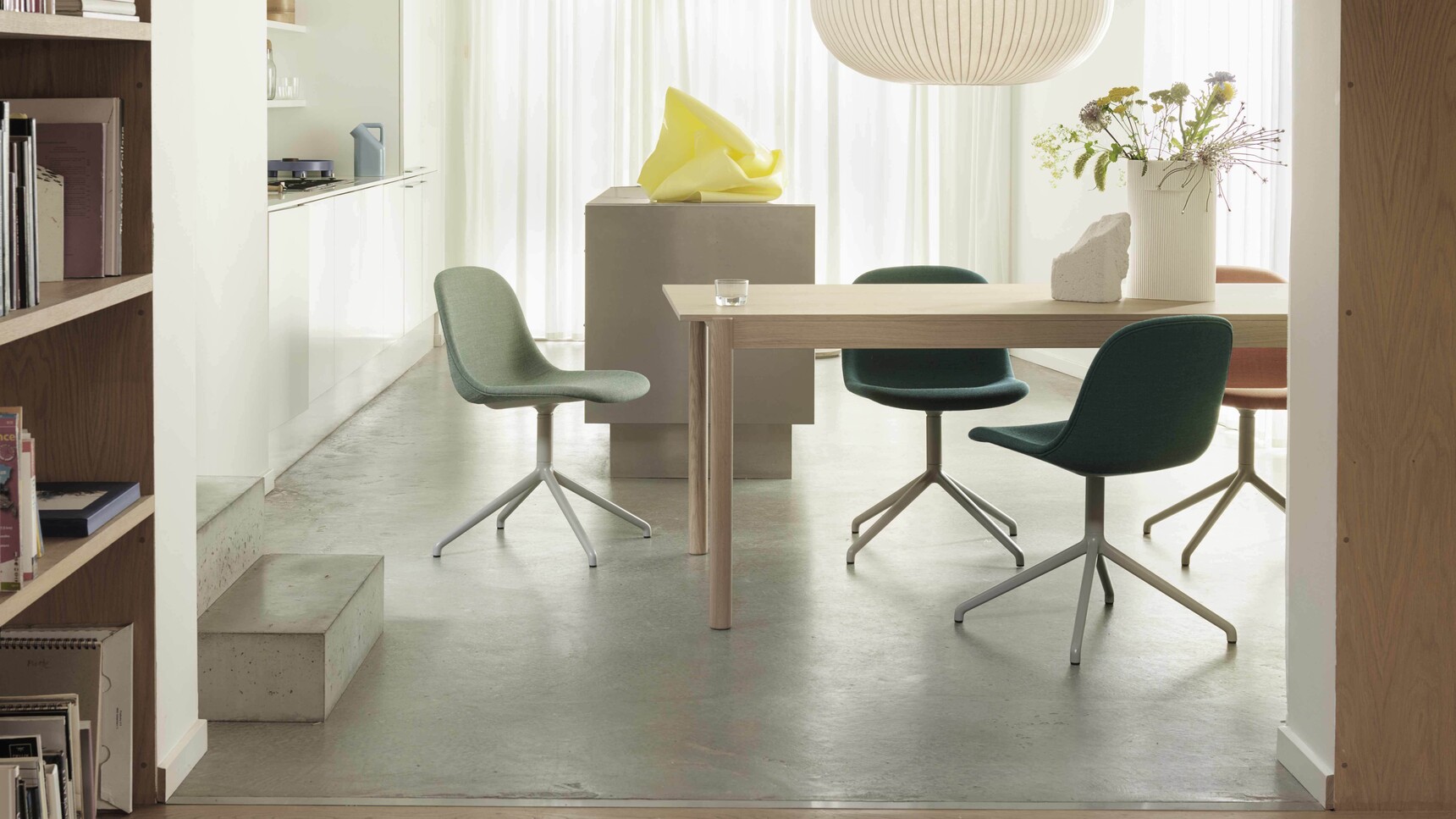 Muuto Linear Wood Oak Table Fiber Side Chair Swivel Canvas 2 0926 0984 Remix 2 452 Strand Lamp Closed Ridge Vase Family Image