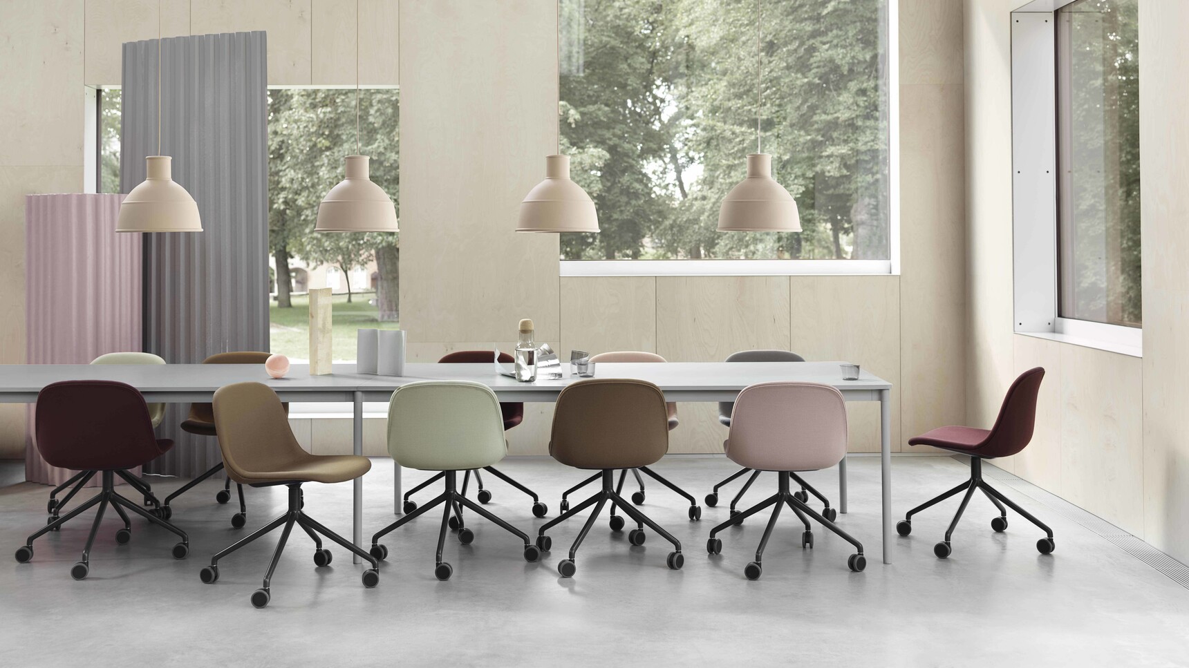 Muuto Fiber Side Steelcut Castors Base Table 440cm White Unfold Beige Rose Corky Family Image