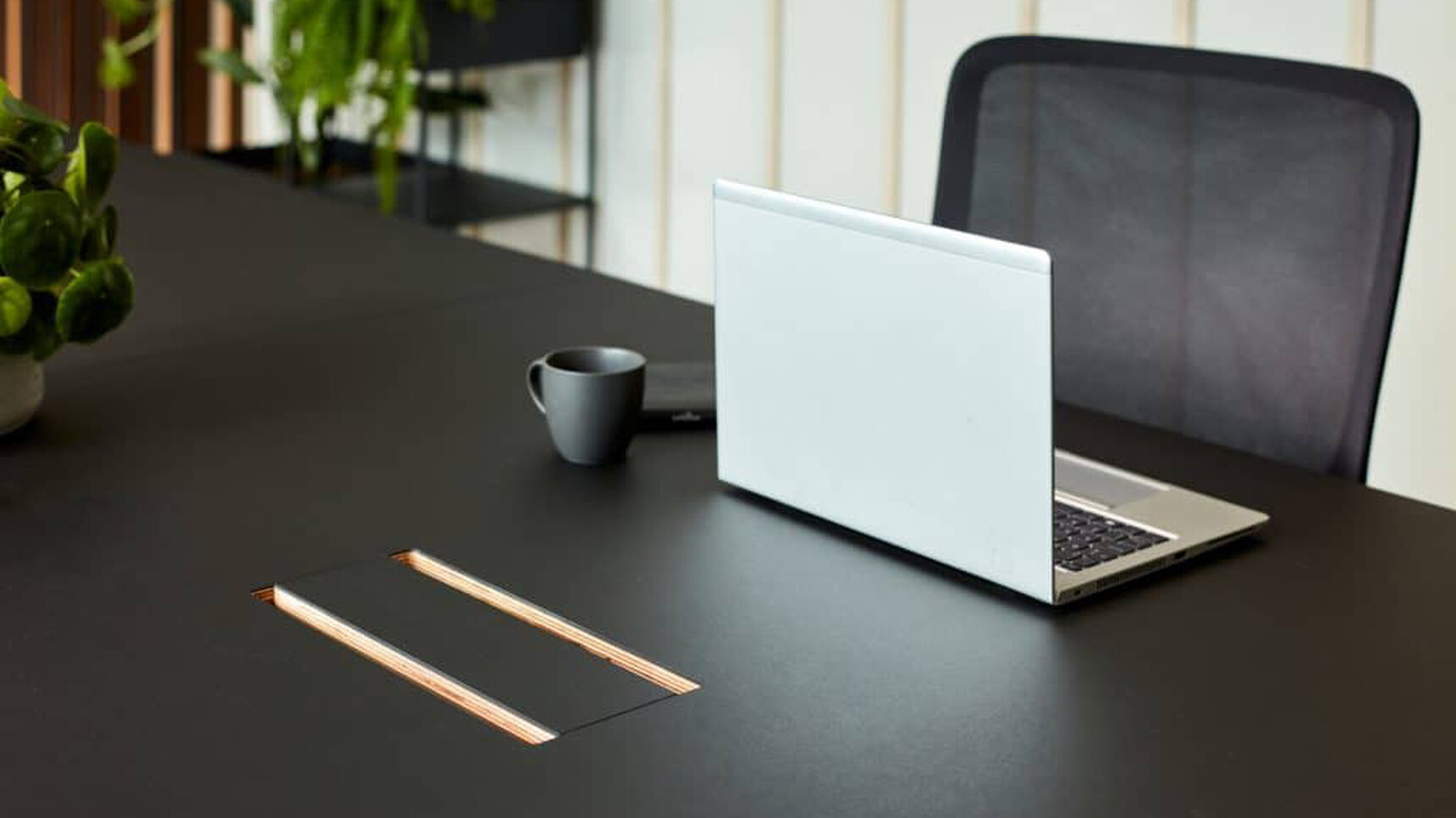 Workstories Co.Stories Bench Desk Black Frame Detail Image With Laptop