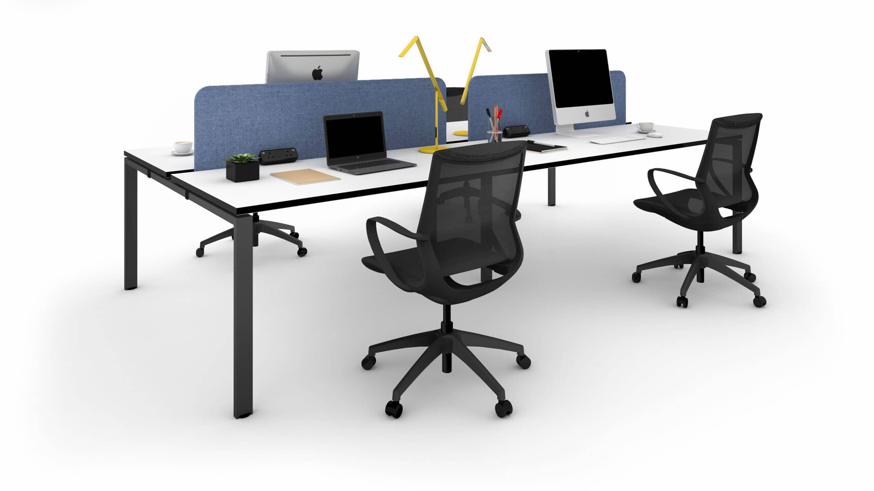 Workstories Rail Office Bench Desk White Top Black Legs Screens Chairs At Desk Family Image