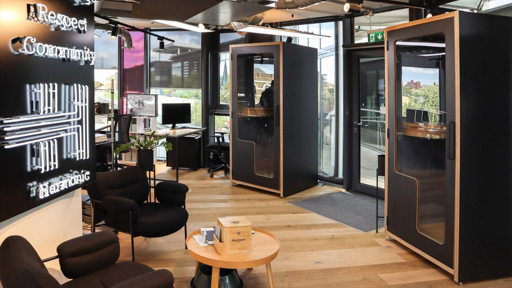 Two Workstories P.S Phone Booths In Office Setting