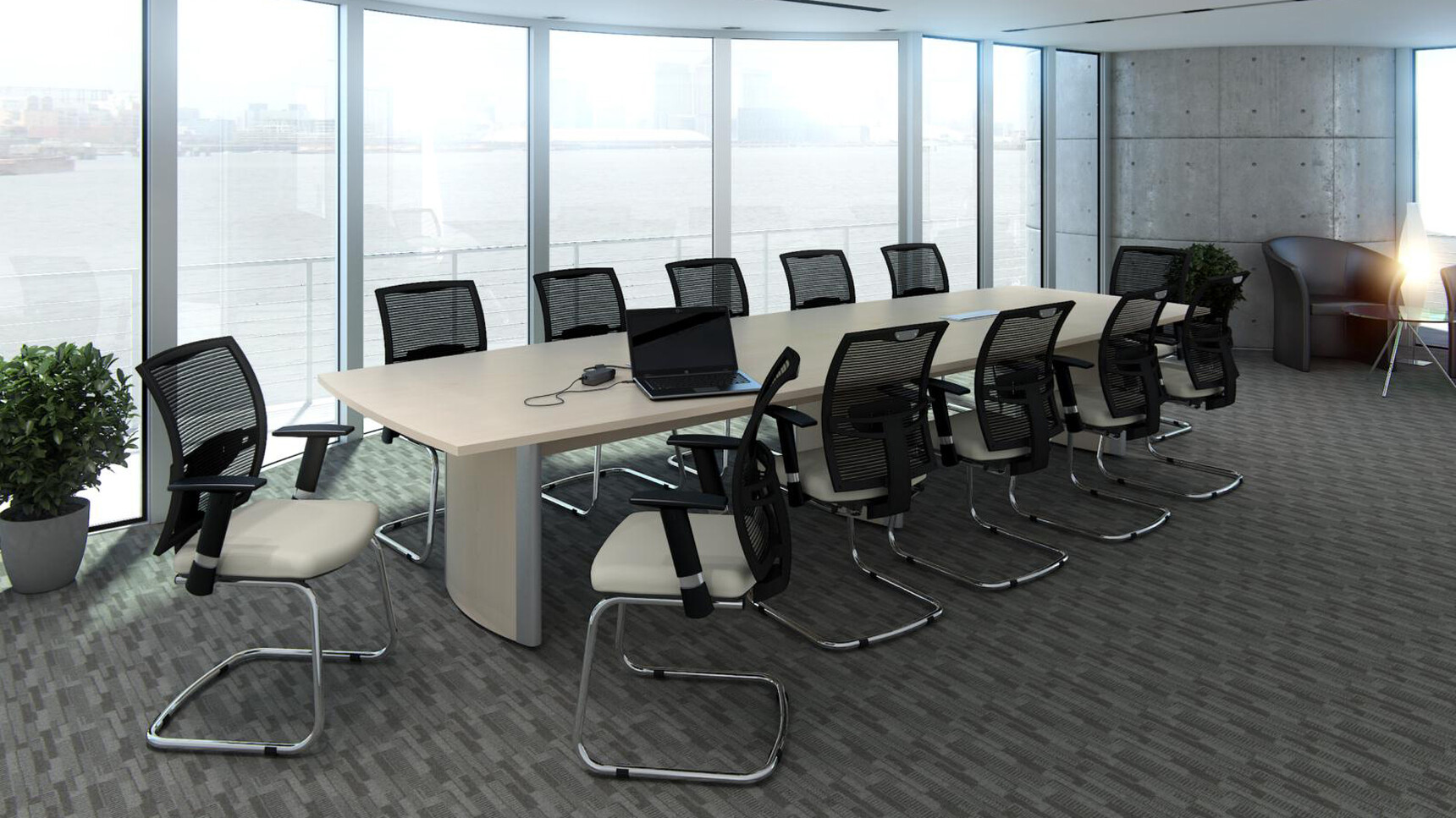 Elite Aerofoil Boardroom Table Two Section Top With Wood Finish Table Top And Legs With Grey Leg Edges And Twelve Elite Meeting Chairs In Boardroom