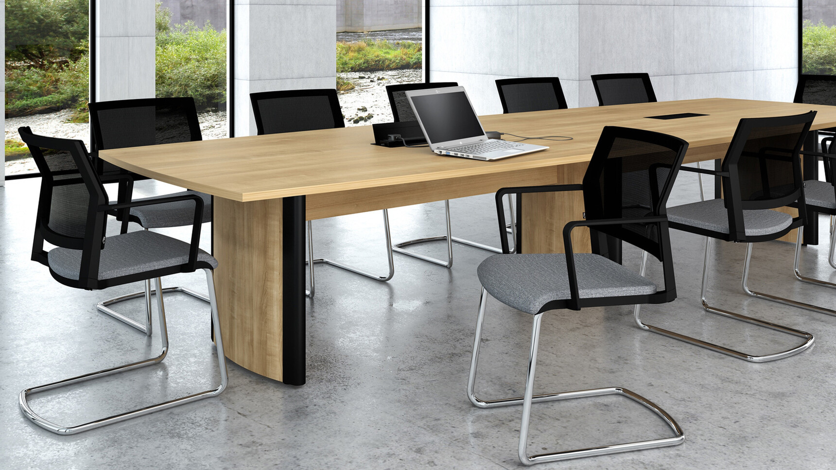 Elite Aerofoil Boardroom Table Two Section Top With Wood Finish Table Top And Legs With Black Leg Edges And Ten Elite Office Chairs In Boardroom