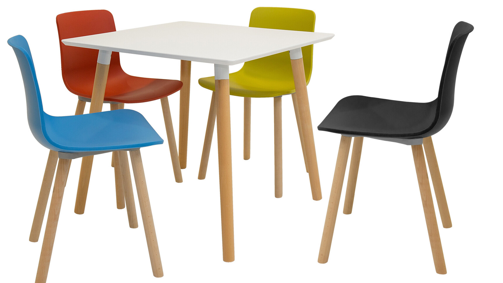 Four Elite Ben Chairs With Blue Black Yellow And Red Plastic Seats And Backrest At Tondo Square Meeting Table