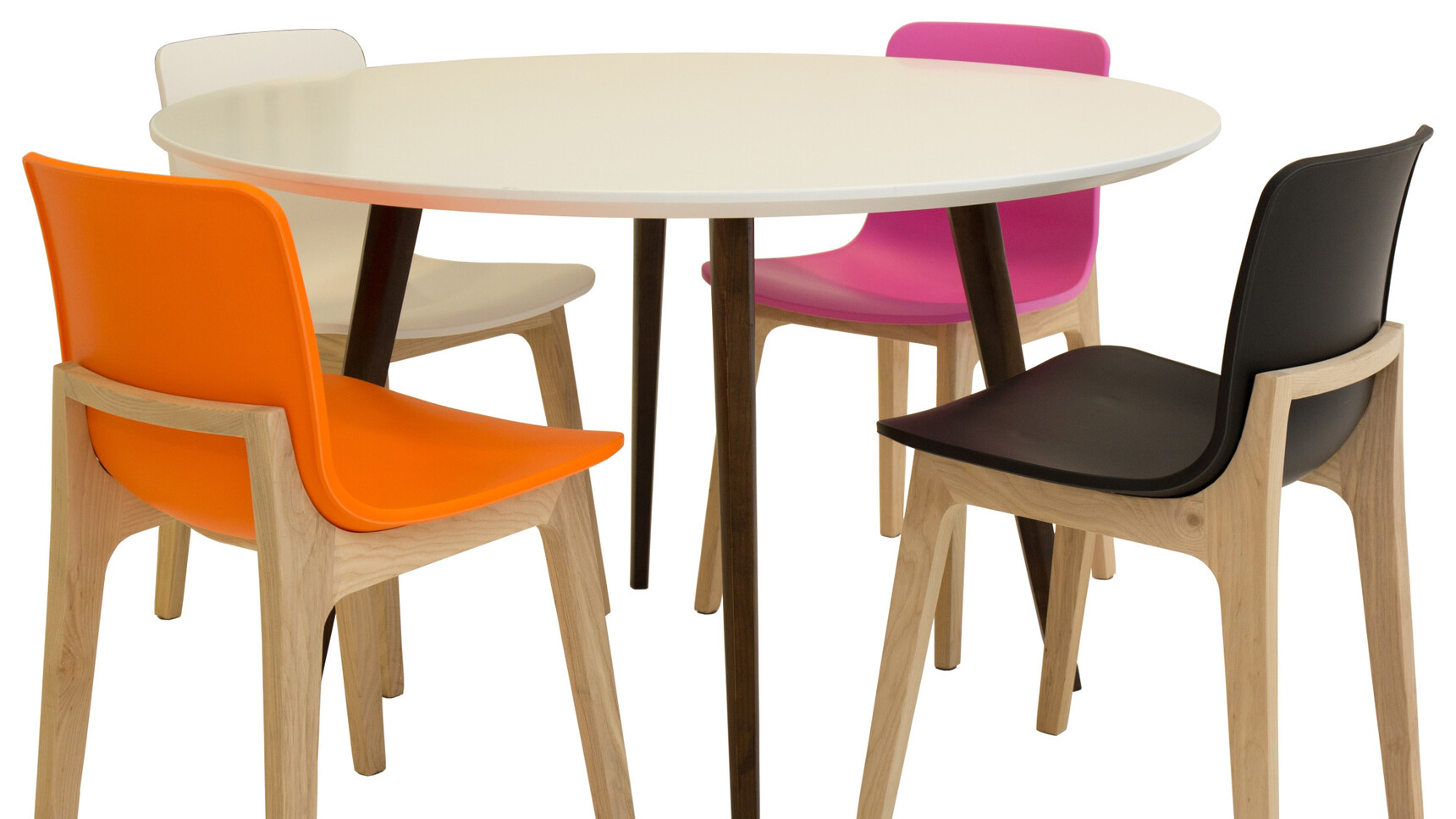 Four Elite Bill Chairs With Plastic Seat And Backrest In Black Pink Orange And White At Piazza Circular Meeting Table With White Table Top And Brown Leg Base