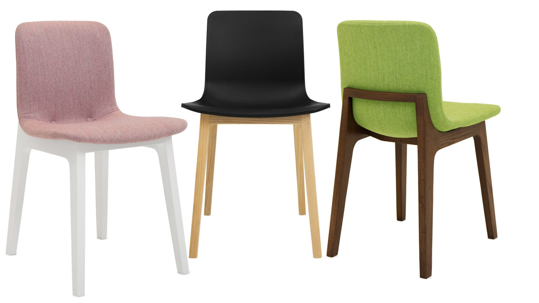 Three Elite Bill Chairs One With Black Plastic Seat And Backrest And Two Bill Upholstered One In Green With Brown Legs And One In Pink Upholstery With White Legs