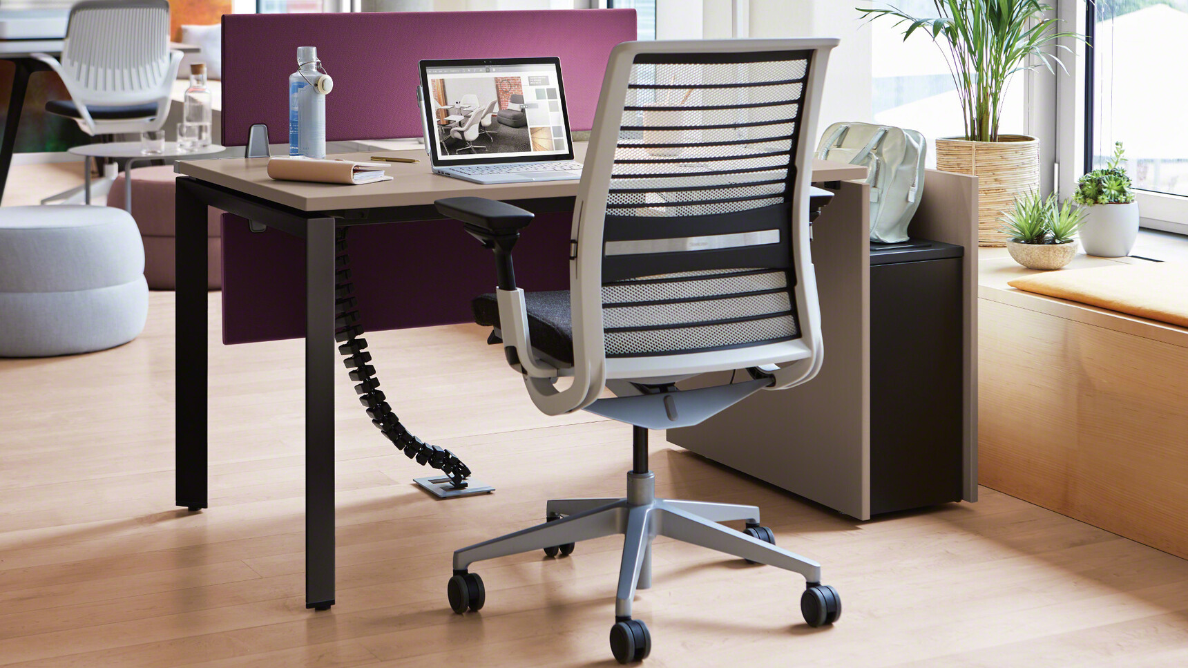 Steelcase Frameone Goalpost Leg Desk With Wood Top Black Leg Finish Think 3D Knit Back Office Chair Dark Blue Grey Upholstery