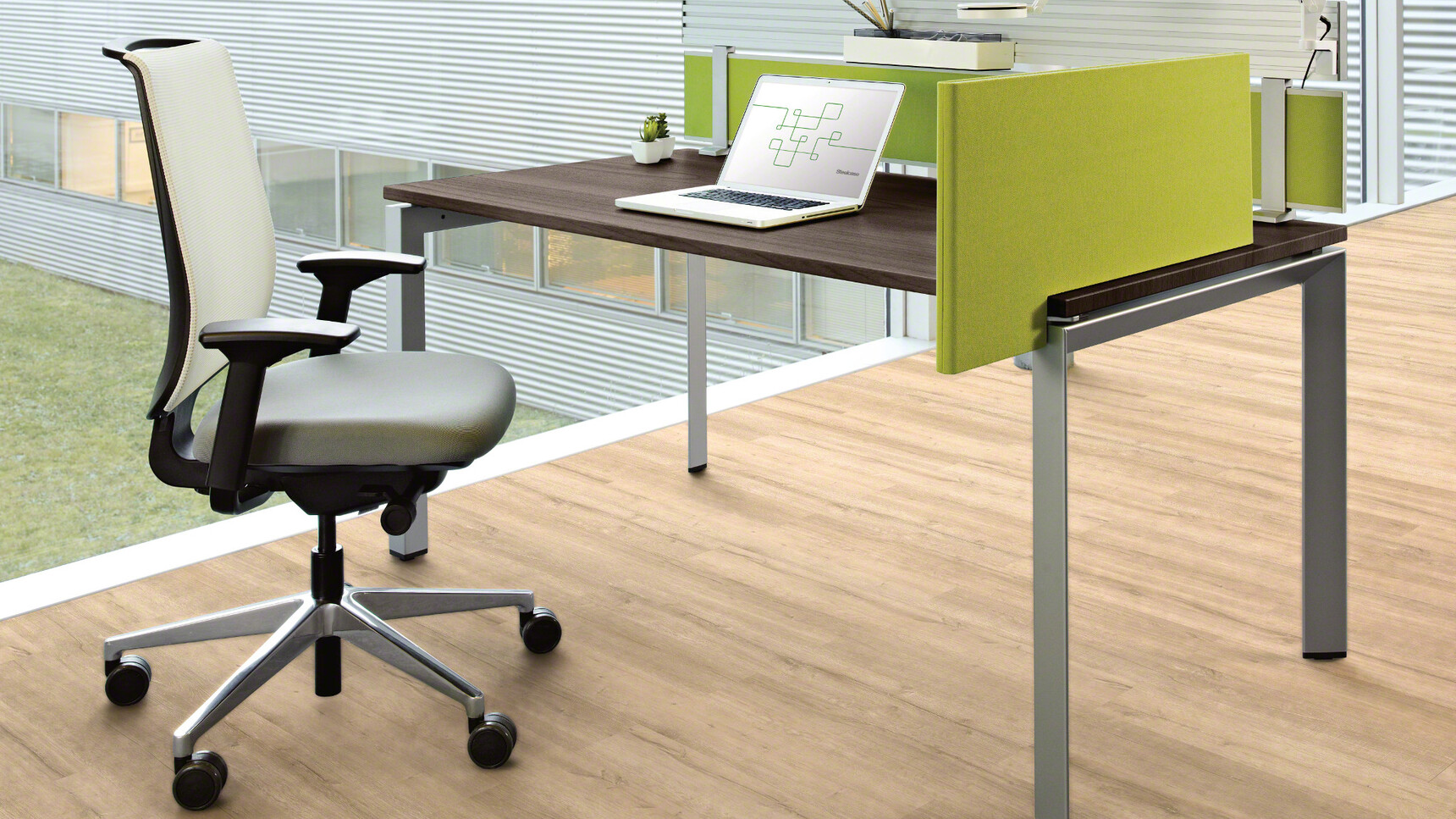 Steelcase Frameone Goalpost Leg Desk With Dark Wood Grey Leg Finish Reply Air Mesh Back Office Chair White Upholstery Black Frame Armrest Polished Aluminium Base At Desk