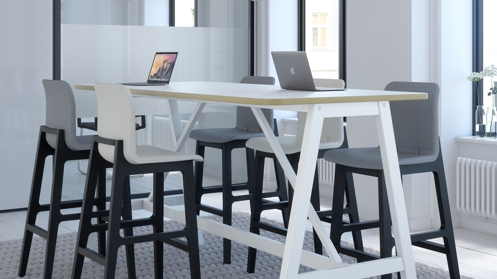 Two Elite Bill Stools With White Plastic Seat And Backrest And Black Wood Leg Base Finish With Three Elite Bill Stools With Grey Upholstery And Black Wood Leg Base Finish With Harmony Poseur Height Table