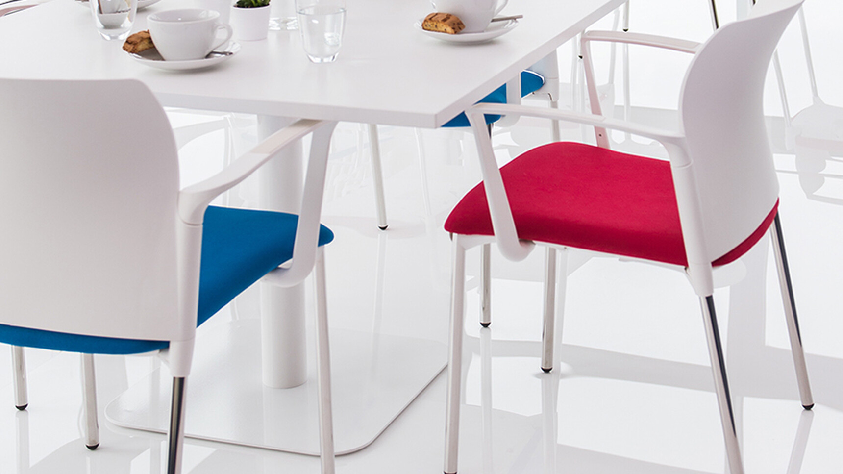 Elite Square Meeting Table with Square Base With White Table Top Finish And White Base With Three Elite Chairs