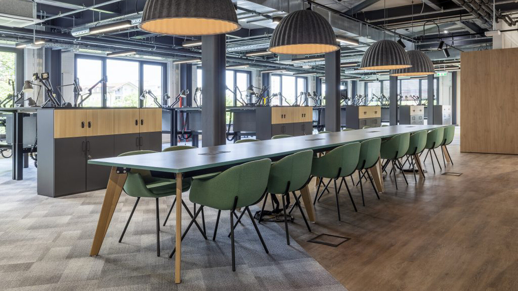 Workstories Hub Meeting Table Multi Top Green Finish Wood Base In Office Setting