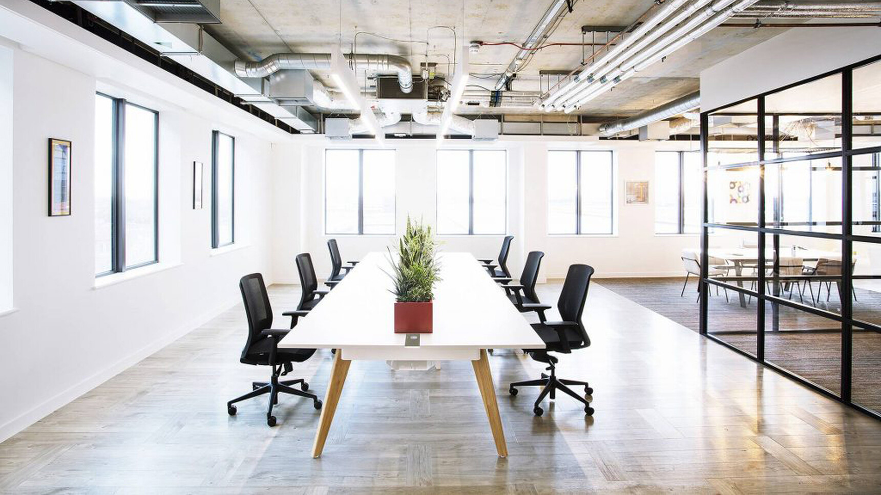 Workstories Hub Bench Desk White Top Oak Legs In Office Setting