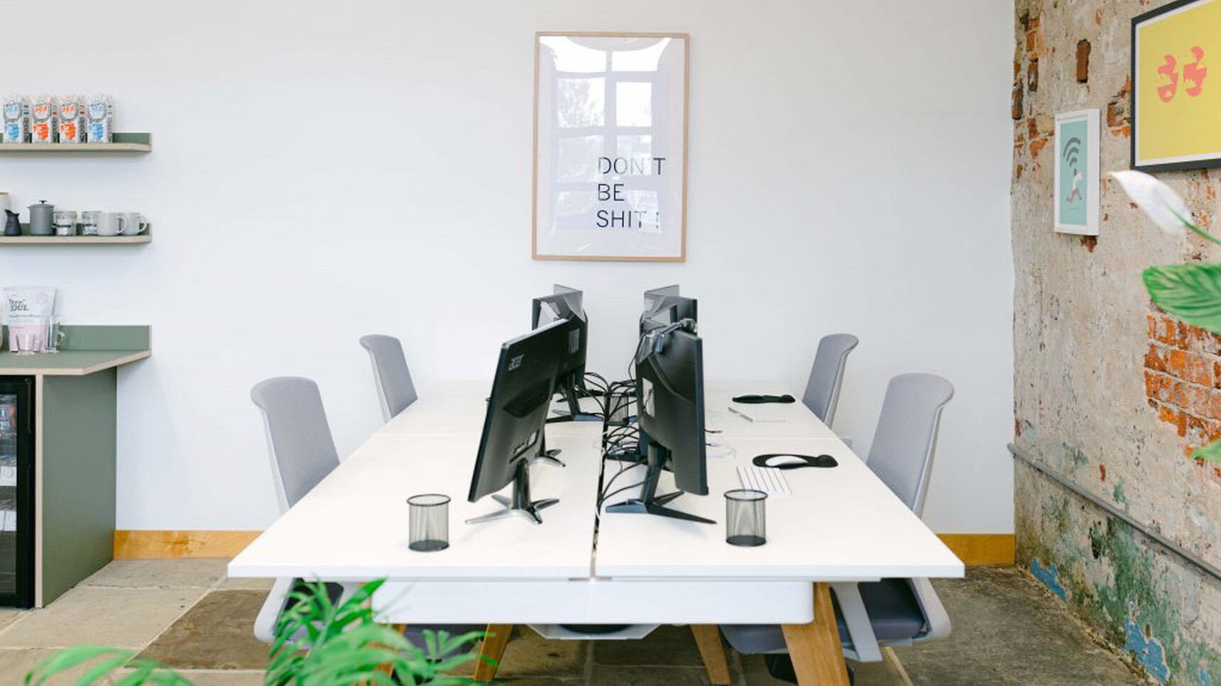 Workstories Hub Bench Desk White Top Oak Legs In Office Environment