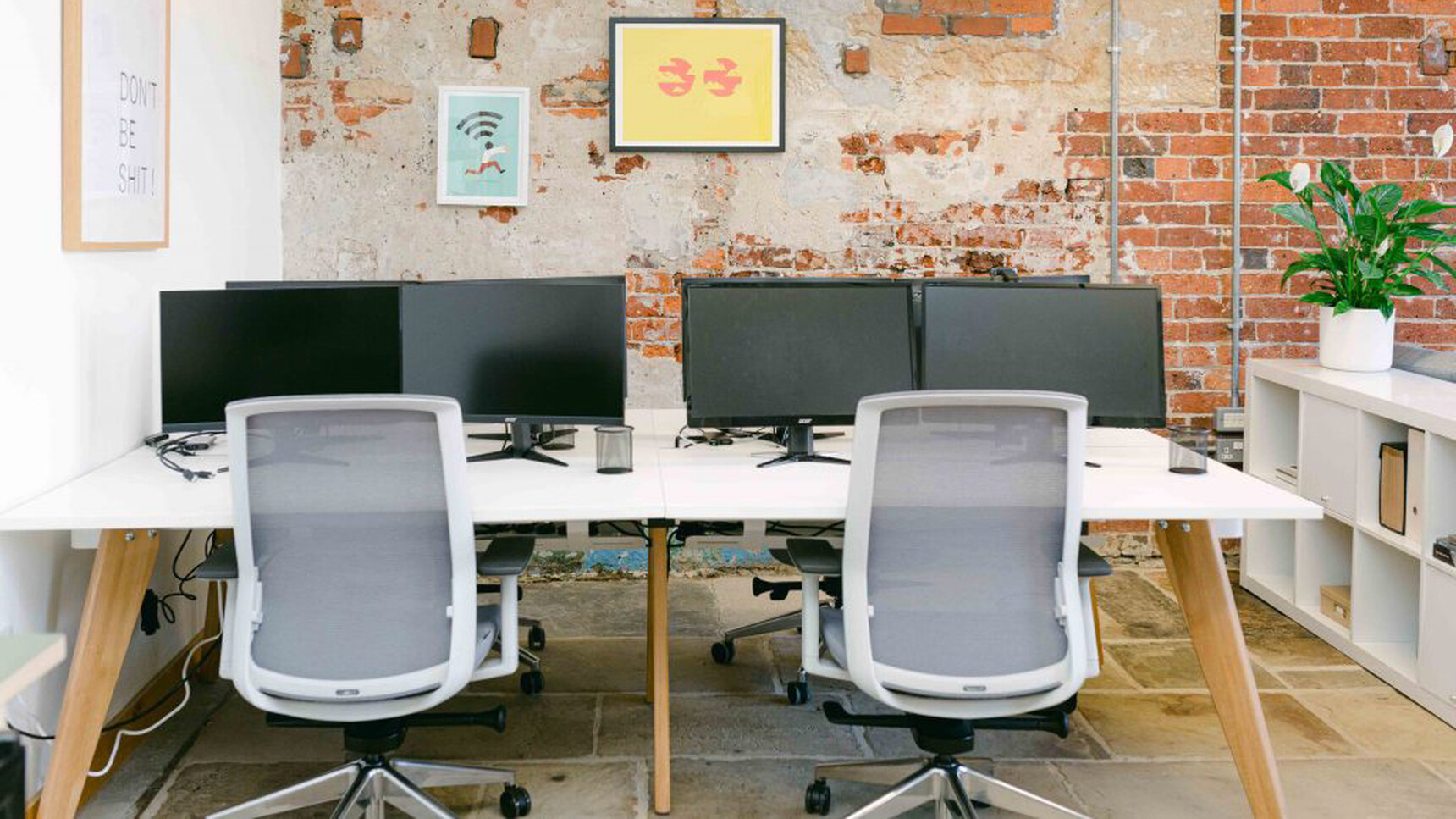 Workstories Hub Bench Desk White Top Oak Legs With Chairs At Desk Family Image