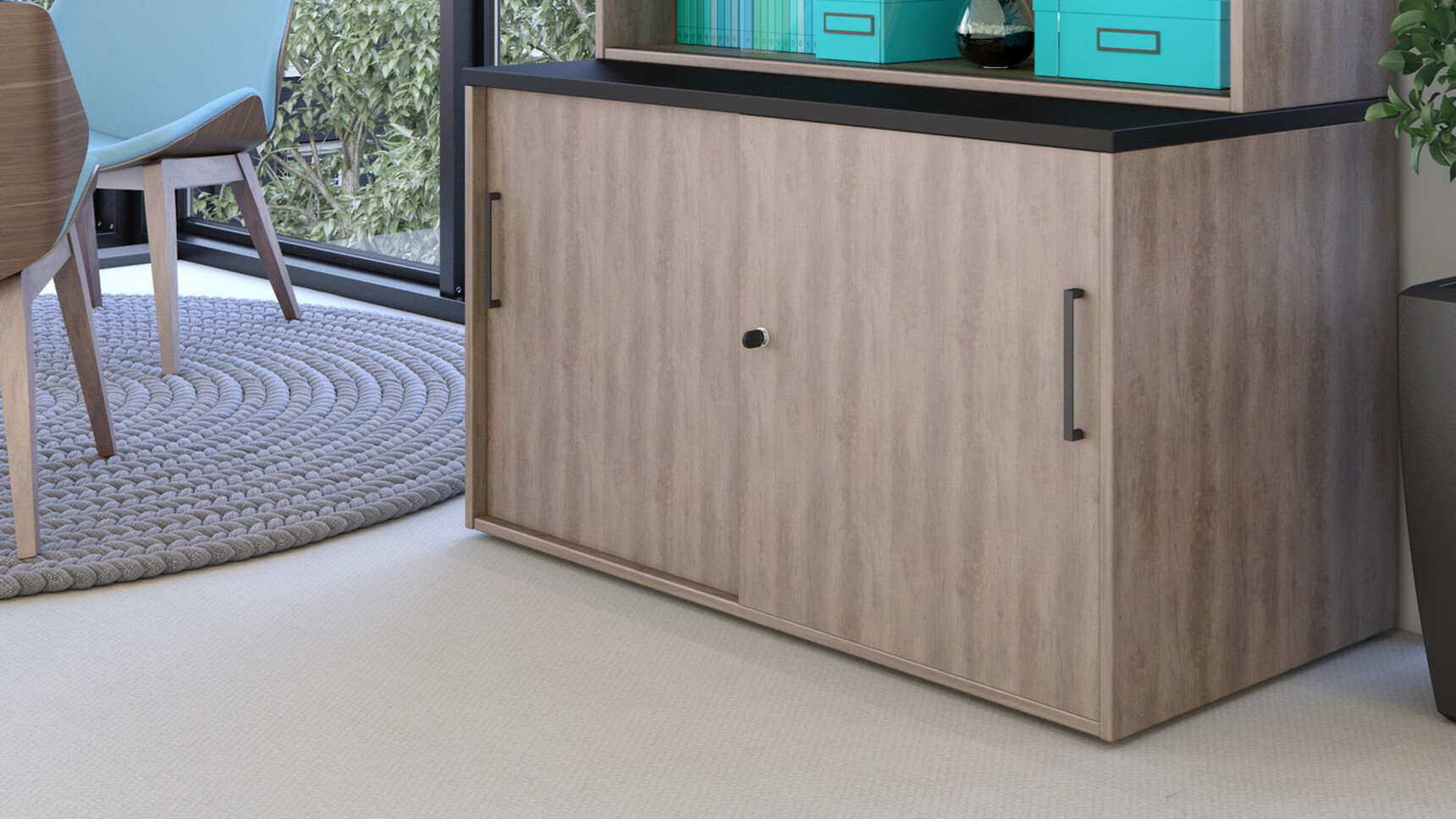 Elite Desk High Storage Unit 400mm Deep With Dark Wood Finish And Black Table Top With Two Lockable Sliding Doors And Adjustable Shelves With Doors Closed