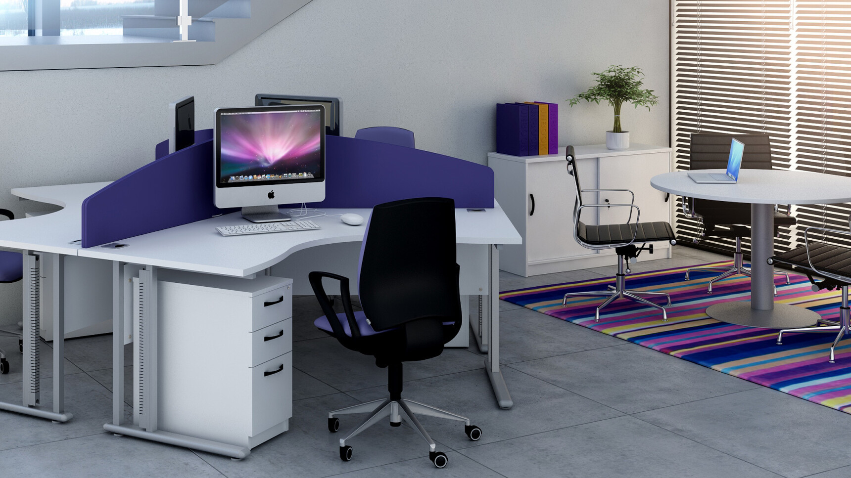 Elite Circular Meeting Table with Domed Base With White Table Top Finish And Grey Domed Base With Elite Chairs And Two Three Standard Drawer Desk High Pedestal With White Finish And White Finish Credenza