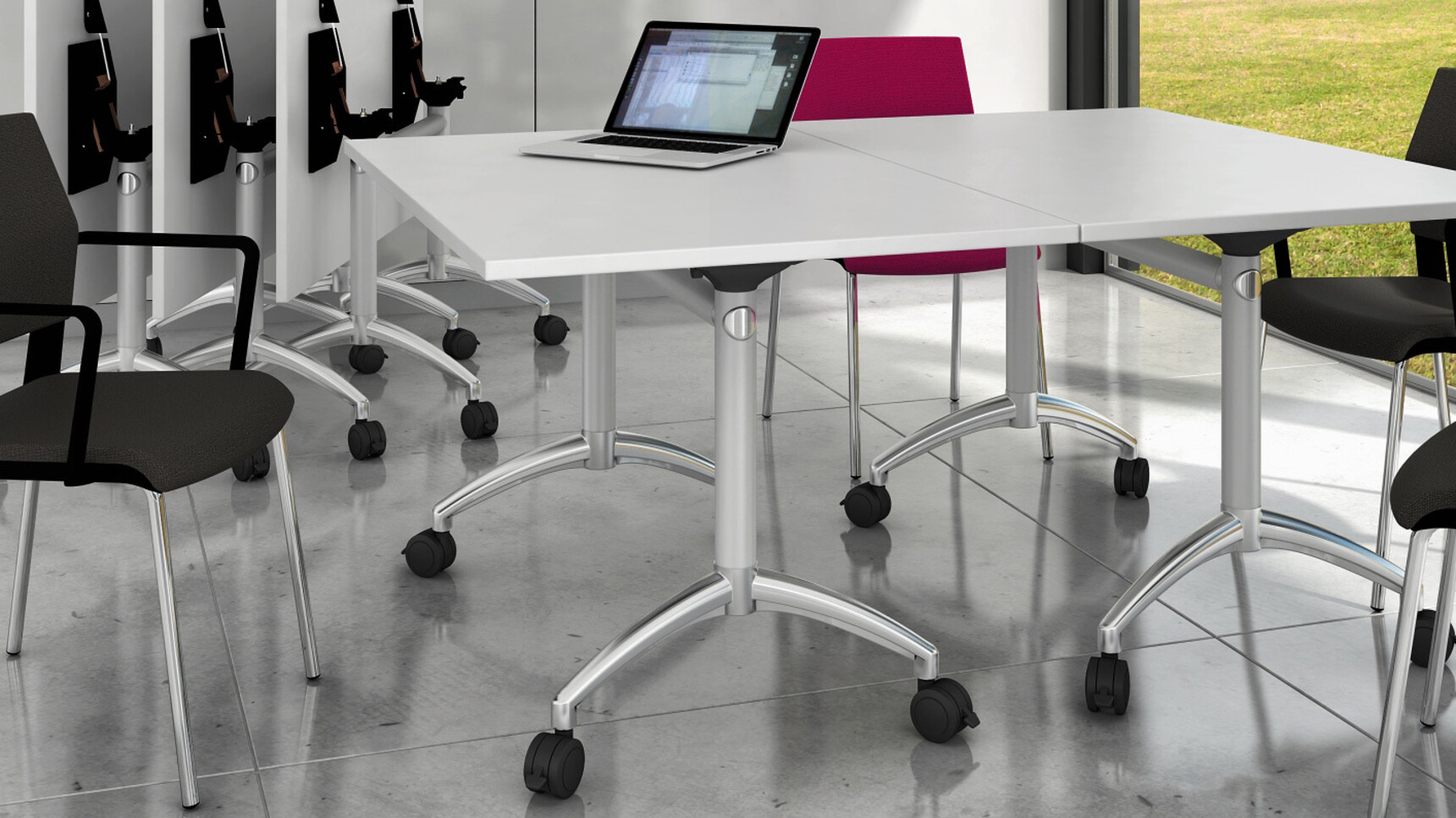 Five Elite Flip Top Rectangular Tables With White Finish And Silver Metal Leg Finish On Castors With Four Elite Chairs Three In Black One In Pink