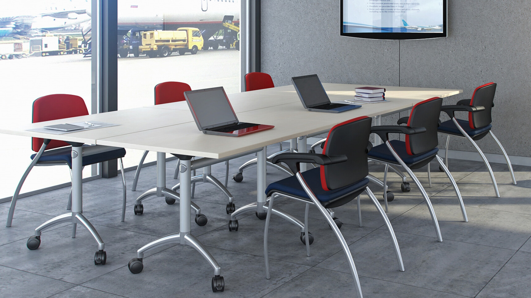 Six Elite Flip Top Rectangular Tables With Wood Finish And Silver Metal Leg Finish On Castors With Six Elite Office Chairs With Blue Seat Upholstery And Red Backrest Upholstery At Airport