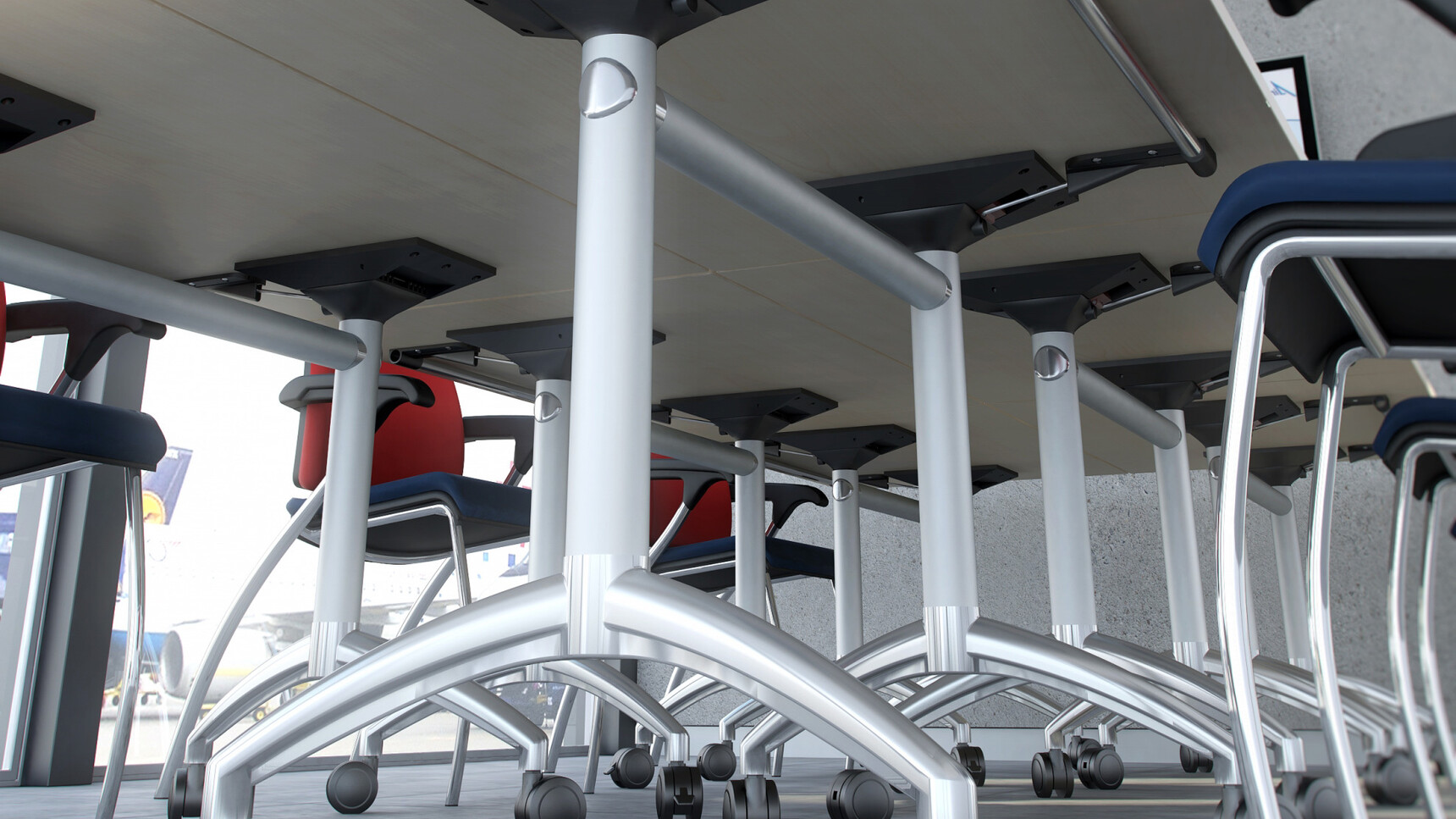 Six Elite Flip Top Rectangular Tables With Wood Finish And Silver Metal Leg Finish On Castors With Six Elite Chairs With Blue Upholstery And Silver Legs At Airport