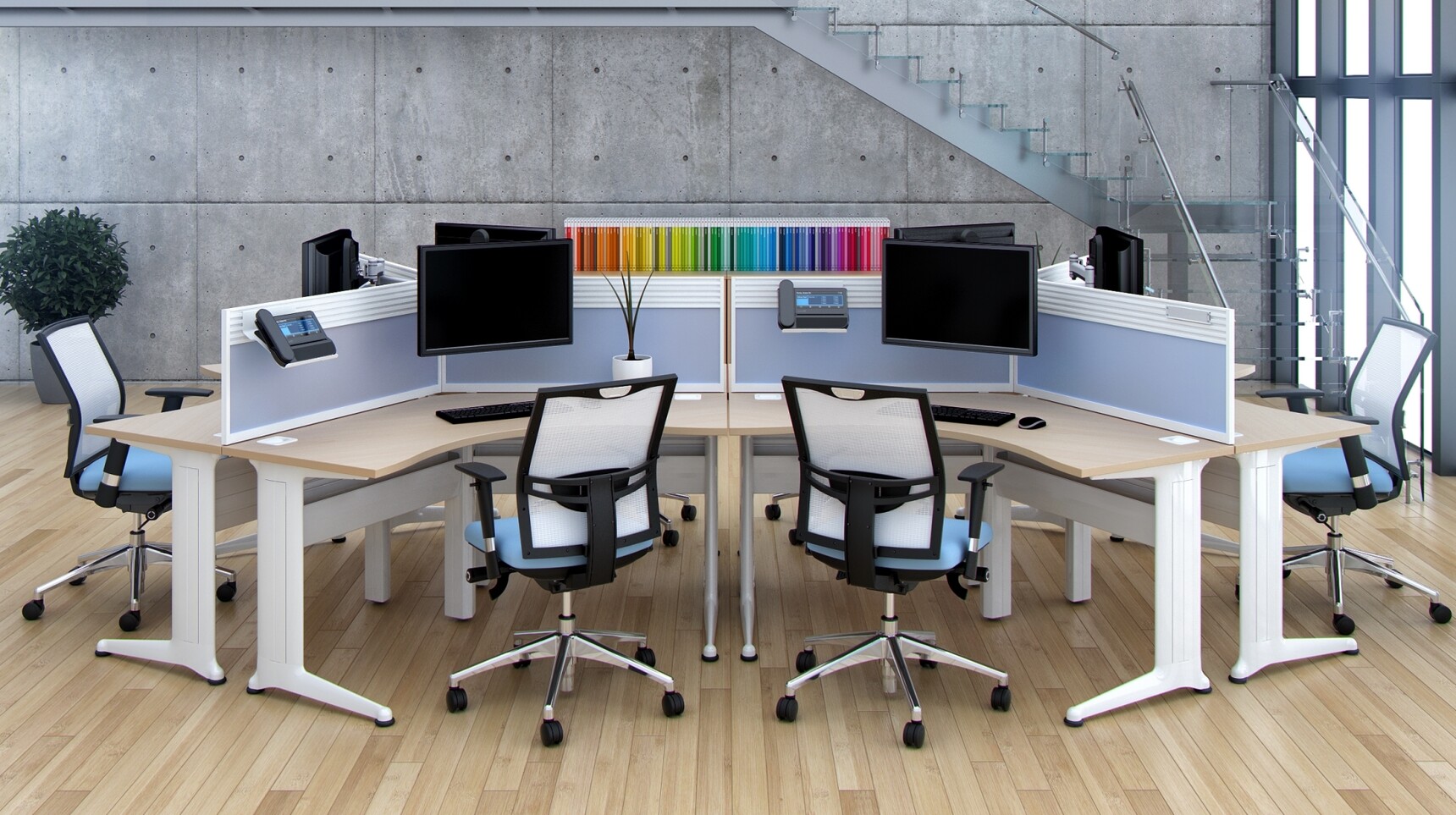 Six Elite Kassini 120 Degree Workstations Wood Finish Top White Metal Leg Finish Eight Loreto Mesh Back Blue Seat Upholstery White Backrest