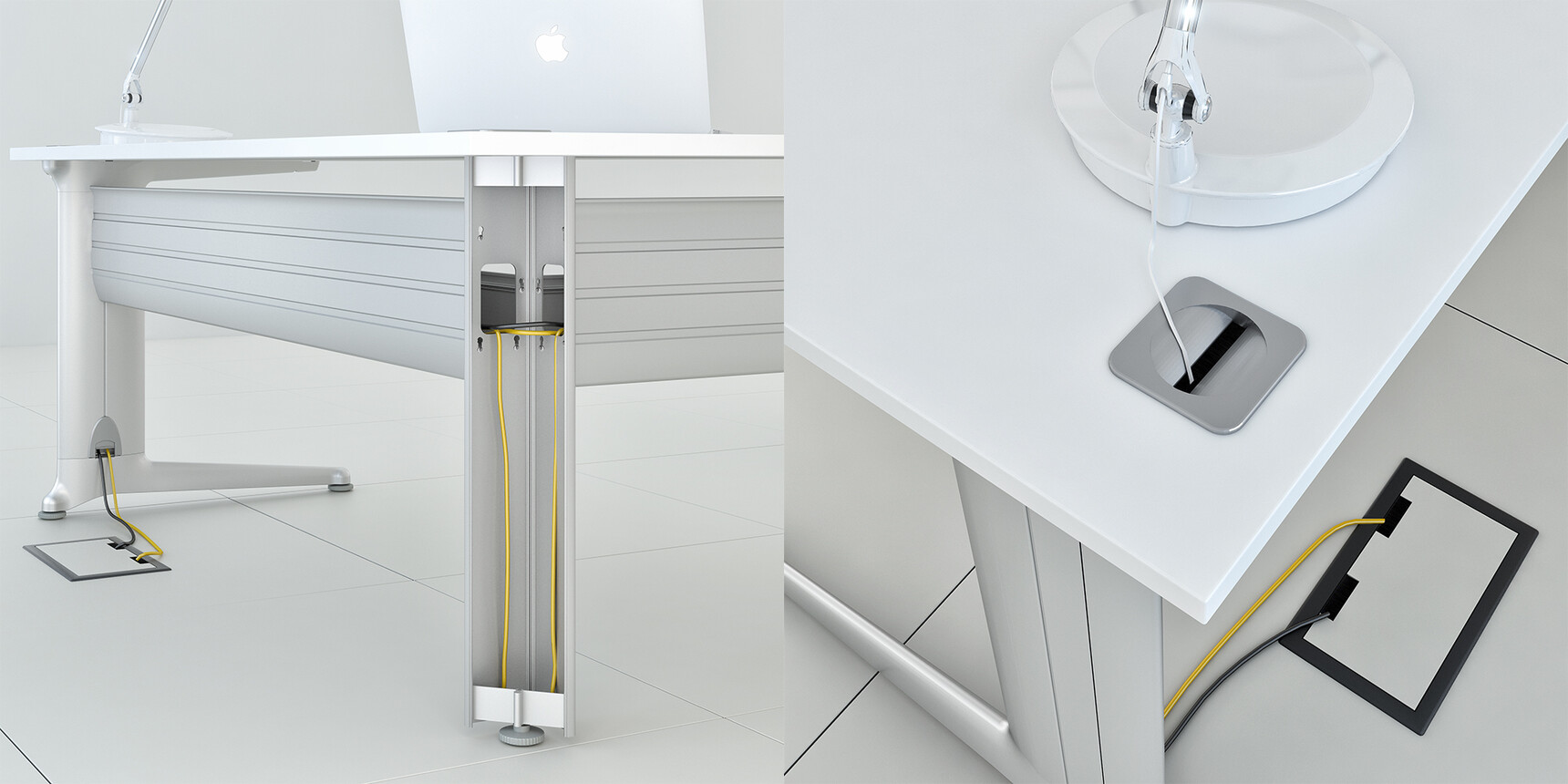 Elite Kassini 120 Degree Workstations With White Table Top Finish And Silver Metal Leg Finish Showing Cable Management Detail Image