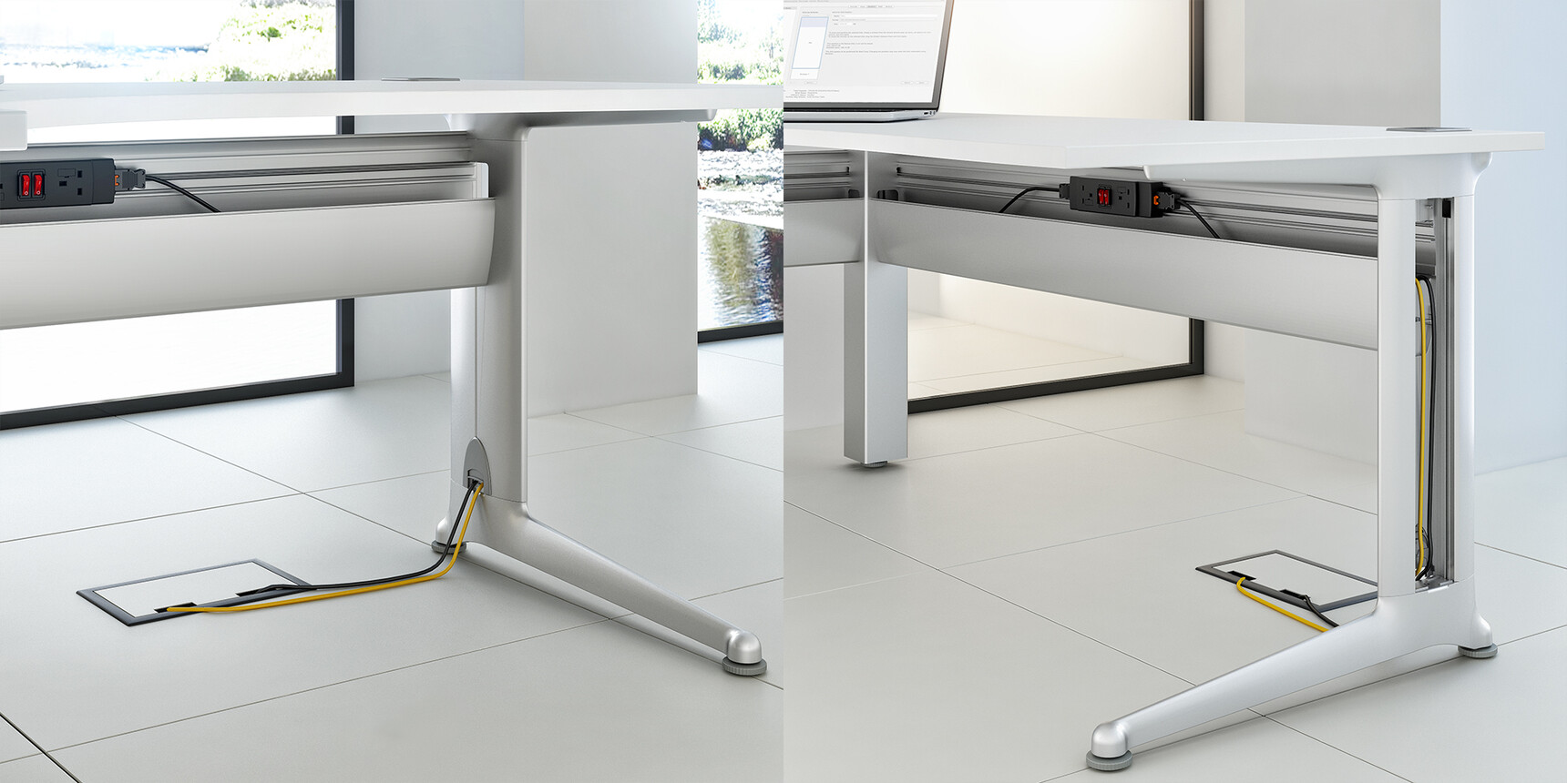Elite Kassini 120 Degree Workstations With White Table Top Finish And Silver Metal Leg Finish Showing Cable Management Showing Two Images Side By Side Detail Image