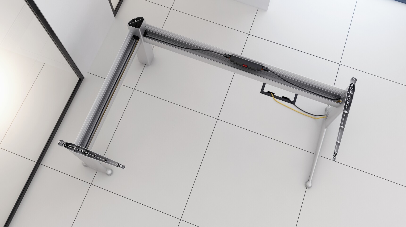 Elite Kassini Crescent Workstations With White Table Top Finish And Silver Metal Leg Finish Showing Cable Management Overhead Shot