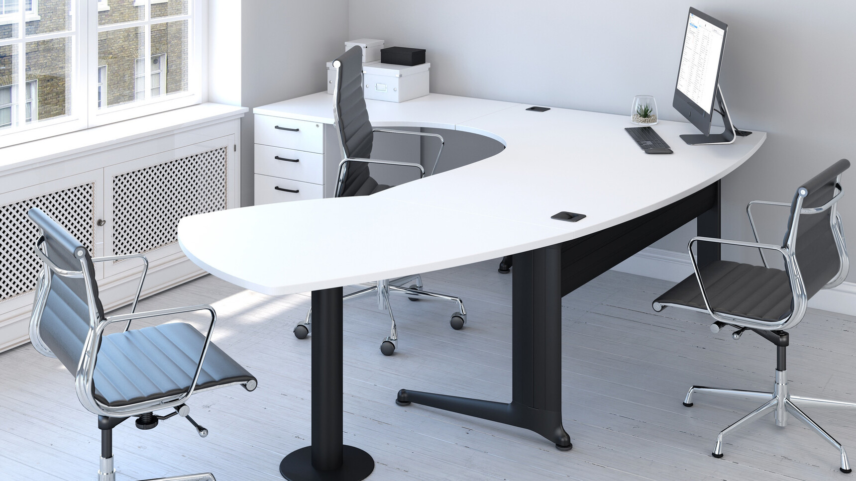 Elite Kassini Bow Fronted Crescent Workstation With White Table Top Finish And Black Metal Leg Finish With Three Standard Drawer Desk High Pedestal With White Finish With Three Elite Chairs At Desk