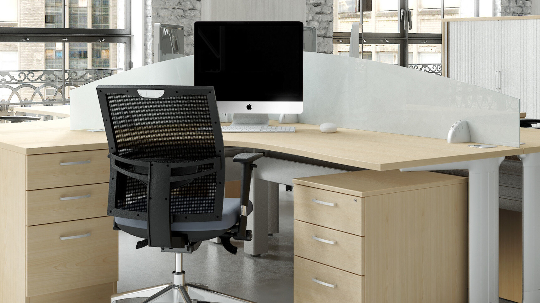 Elite Kassini Crescent Workstation Wood Finish Top Silver Metal Leg Finish Three Standard Drawer Desk High Pedestal Wood Finish Three Standard Drawer Mobile Pedestal Wood Finish Loreto Chair