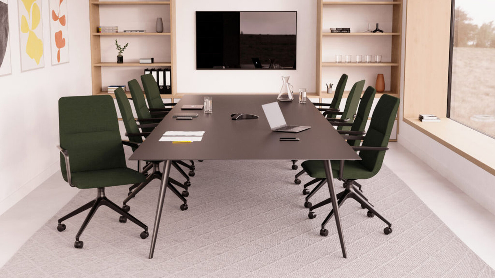 Eight Accord Mid Meeting Chairs 4-Star Pyramidal Base With Castors At Meeting Table In Office Setting
