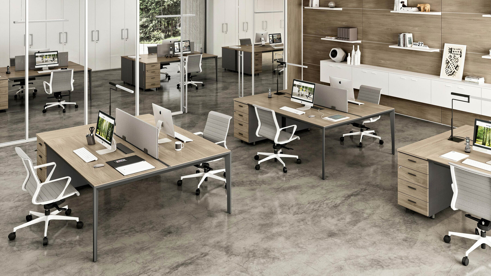 Six Quadrifoglio X5 Two Person Bench Desks 1238mm Depth With Dark Wood Finish And Dark Grey Leg Finish With Twelve Four Pedestals And Twelve Quadrifoglio Chairs At Desk