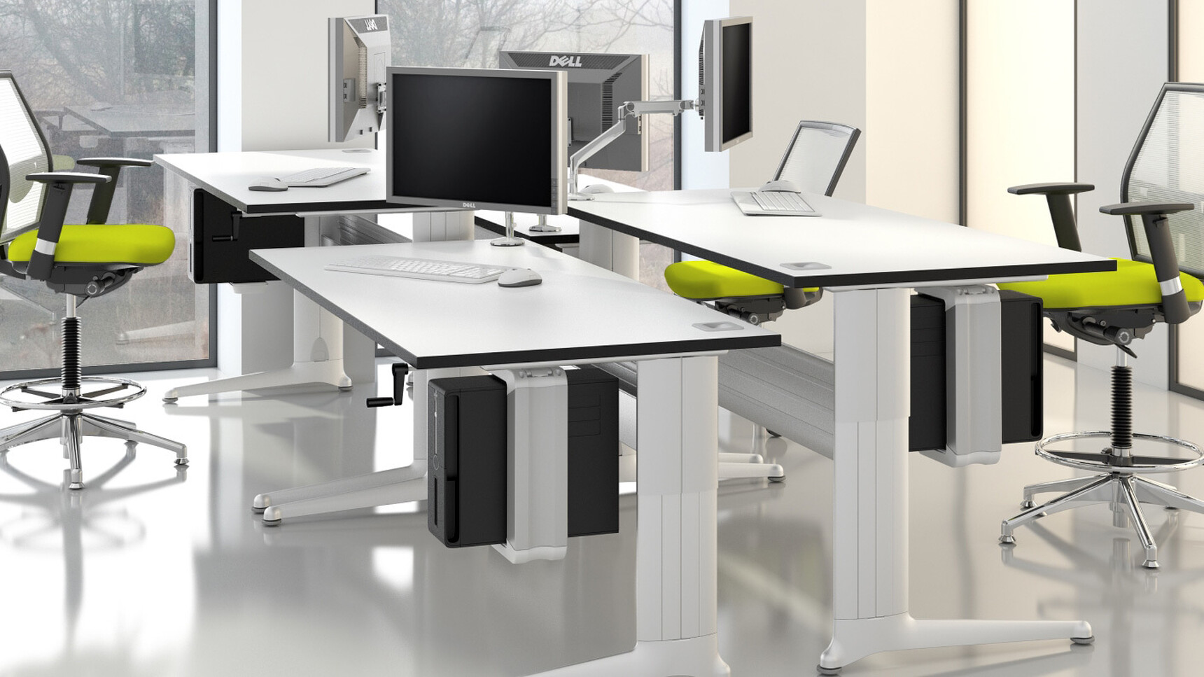 Four Elite Kassini Rectangular Desks White Top Silver Metal Leg Finish Three Elite Chairs White Upholstery