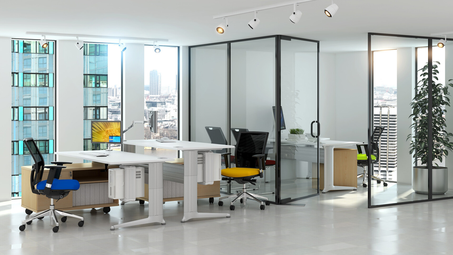 Three Elite Kassini Rectangular Desks White Top Silver Metal Leg Finish Five Loreto Chairs Red Green Orange Blue Upholstery