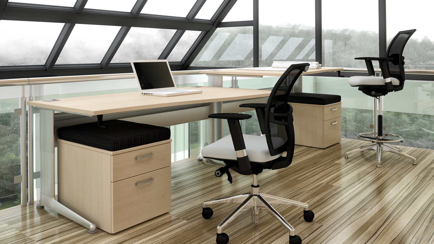 Two Elite Kassini Rectangular Desks Wood Top Silver Metal Leg Finish Loreto Chair Elite Draughtsman Chair White Upholstery At Desk Two Drawer Low Mobile Pedestal