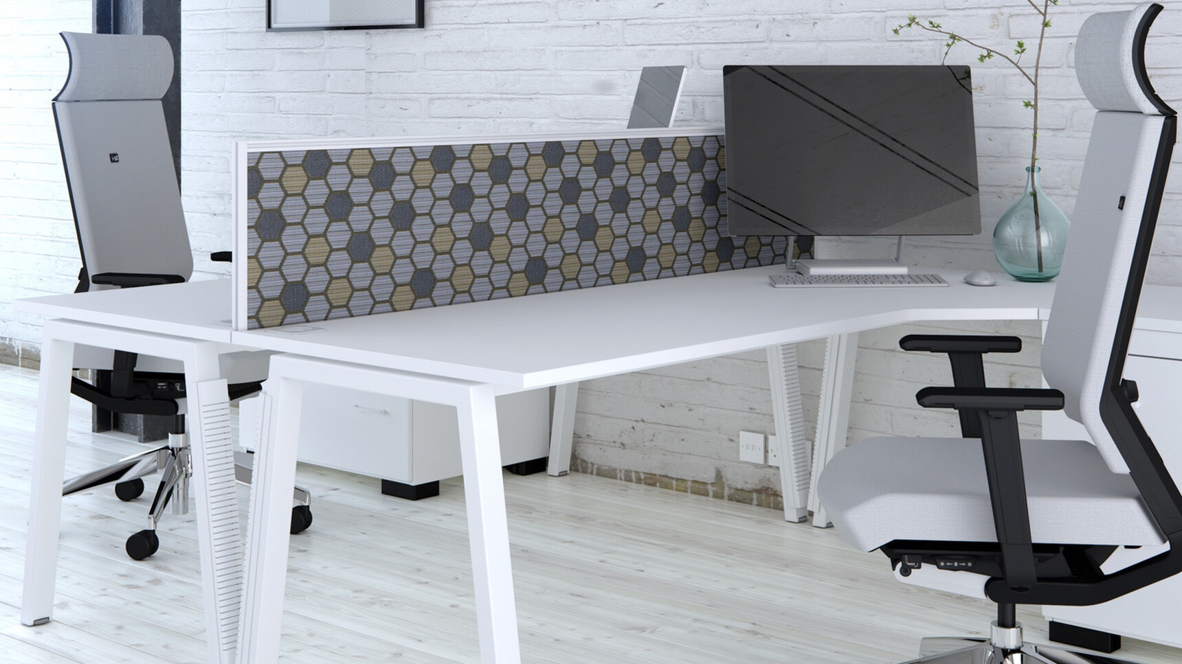 Two Elite Linnea Angular Workstation White Finish White Standard Drawer Pedestal Two Elite Office Chairs White Upholstery Side Filing Unit White Finish