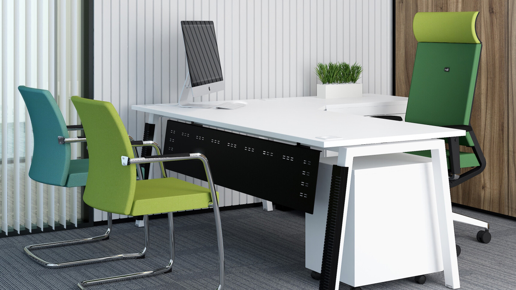 Elite Linnea Angular Workstation With White Finish Modesty Panel Black Finish White Standard Drawer Pedestal Two Moda Fully Upholstered Meeting Chair