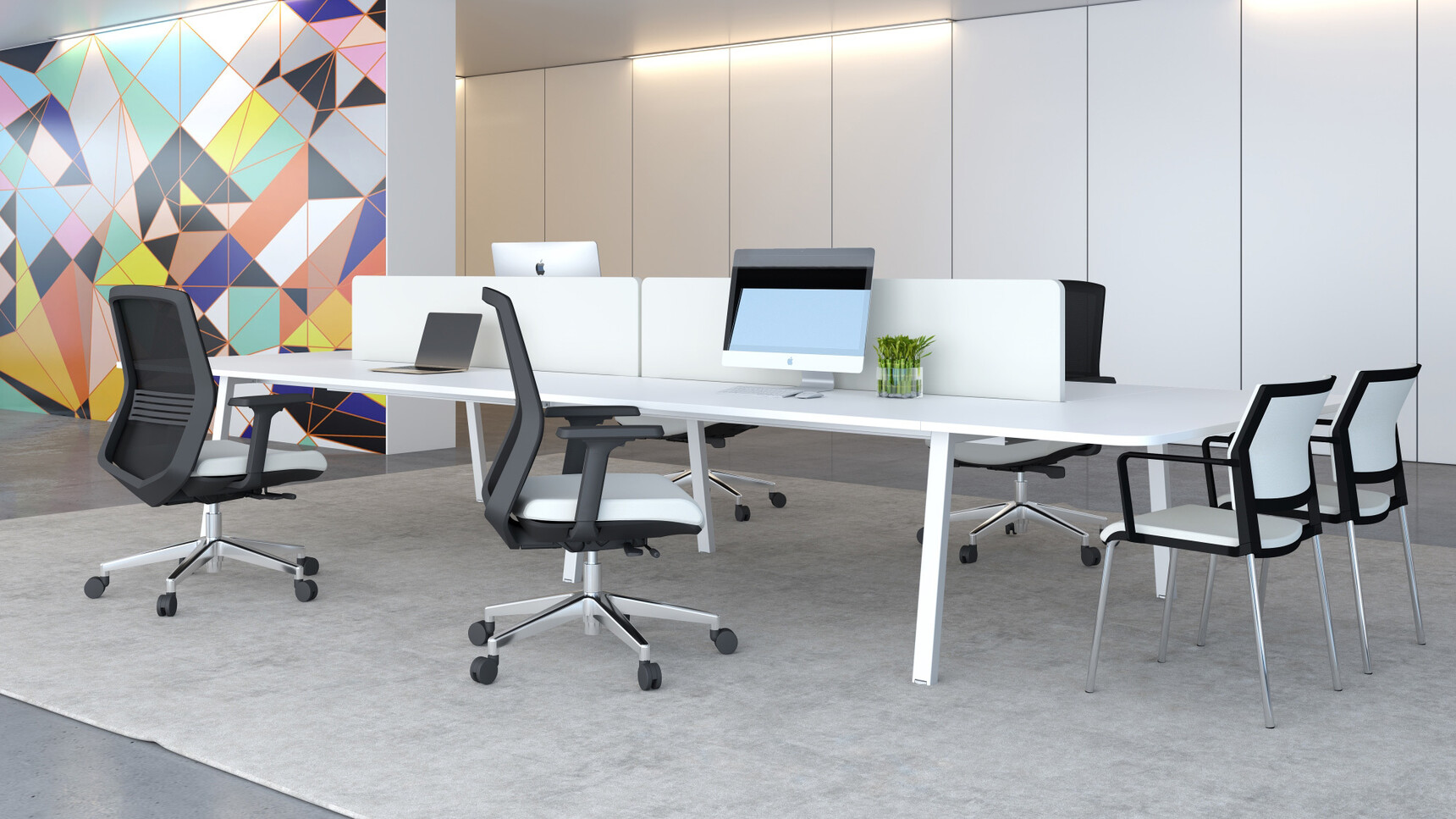 Elite Linnea Double D Ended Conference Table With White Table Top Finish With White Metal Leg Finish With Six Elite Office Chairs At Table In Office Environment
