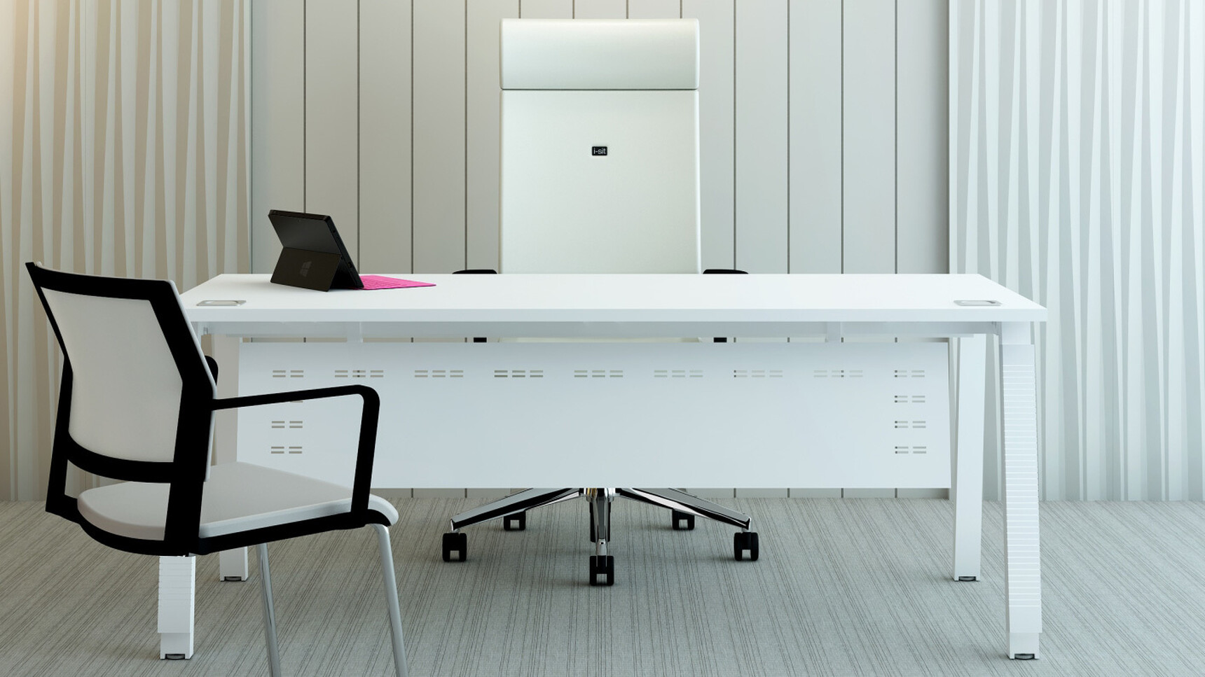 Elite Linnea Rectangular Desk With White Table Top Finish And White Metal Leg Finish And Linnea Steel Modesty Panel With White Finish With Two Elite Chairs At Desk