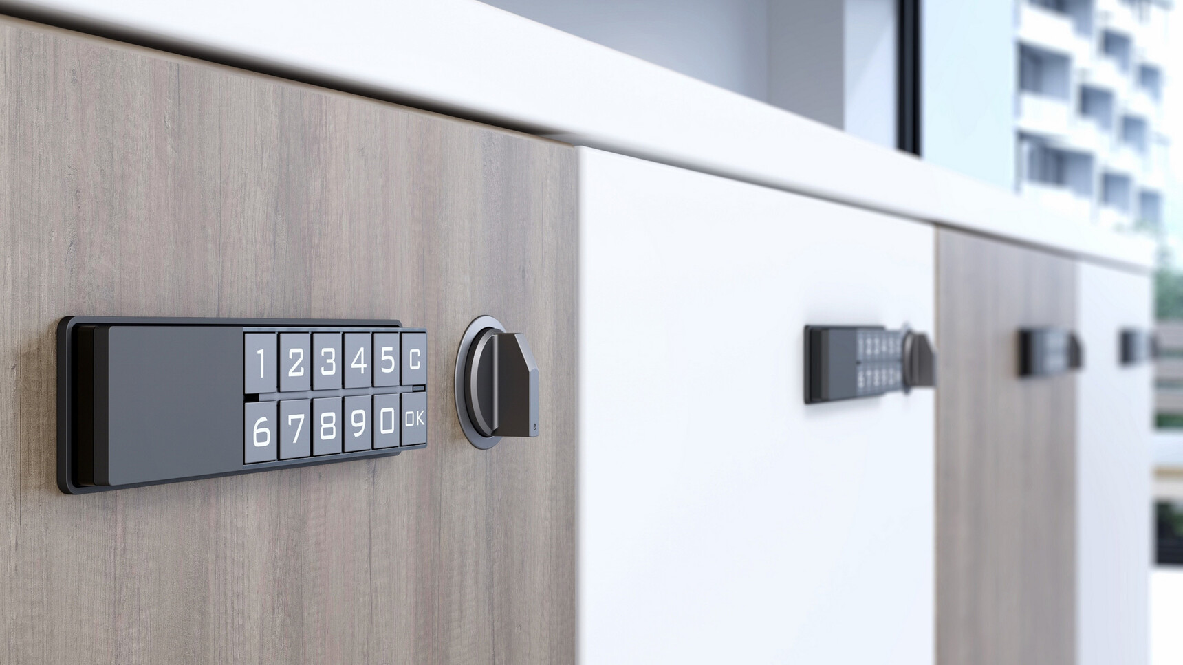 Detail Image Showing Four Locker Doors In Wood White And Grey Finish
