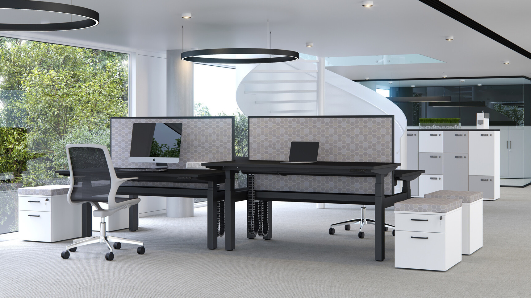 Two Progress Plus Bench Desks With Black Finish And Four Pedestals With Seat Pads And White Finish With Elite Storage Lockers