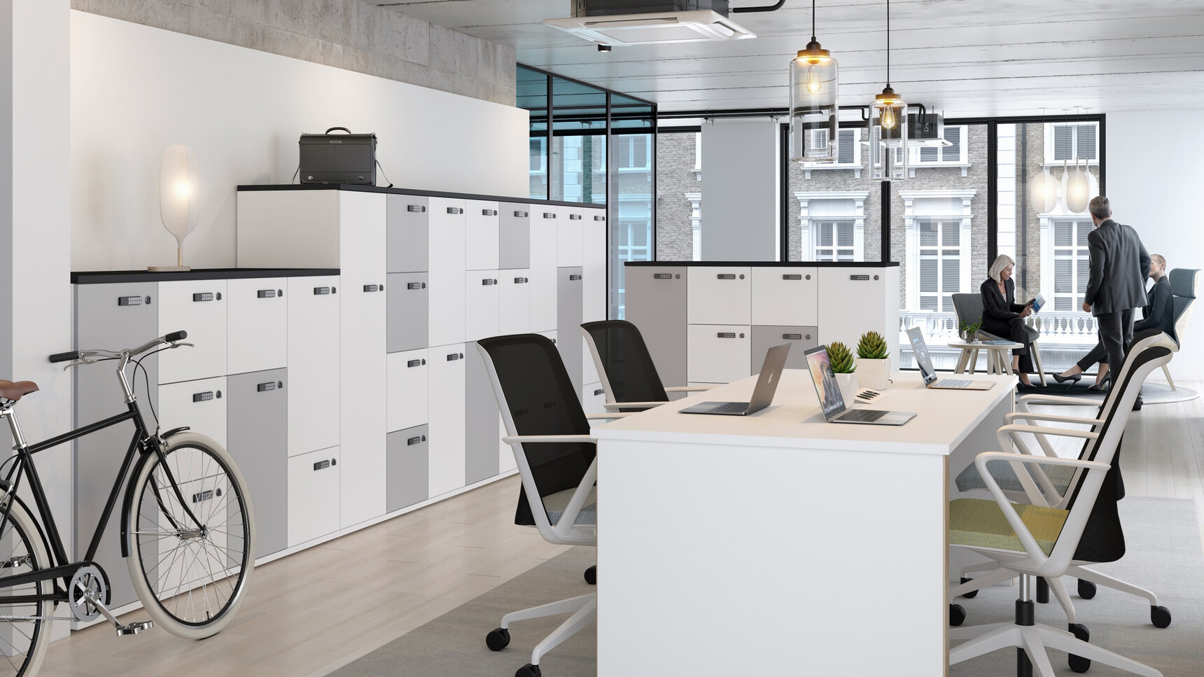 Various Elite Locker Units At 1465mm And 1115mm Heights And Number Of Doors With White And Grey Finishes In Office Environment