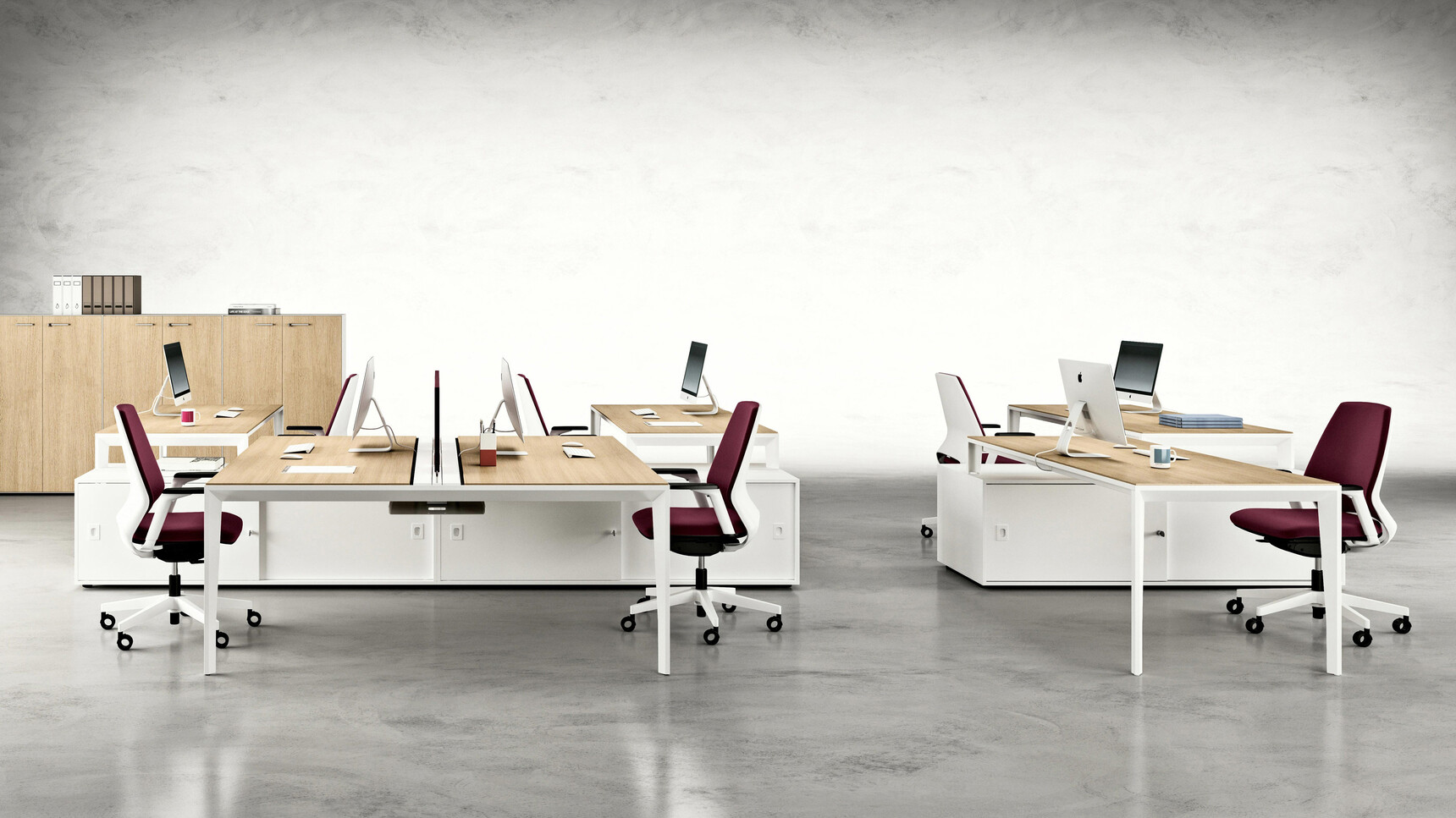 Four X5 Straight Desks 600mm Depth Light Wood White Leg Finish X5 Two Person Bench Desk 1238mm Depth Light Wood White Leg Finish Quadrifoglio Chairs At Desks