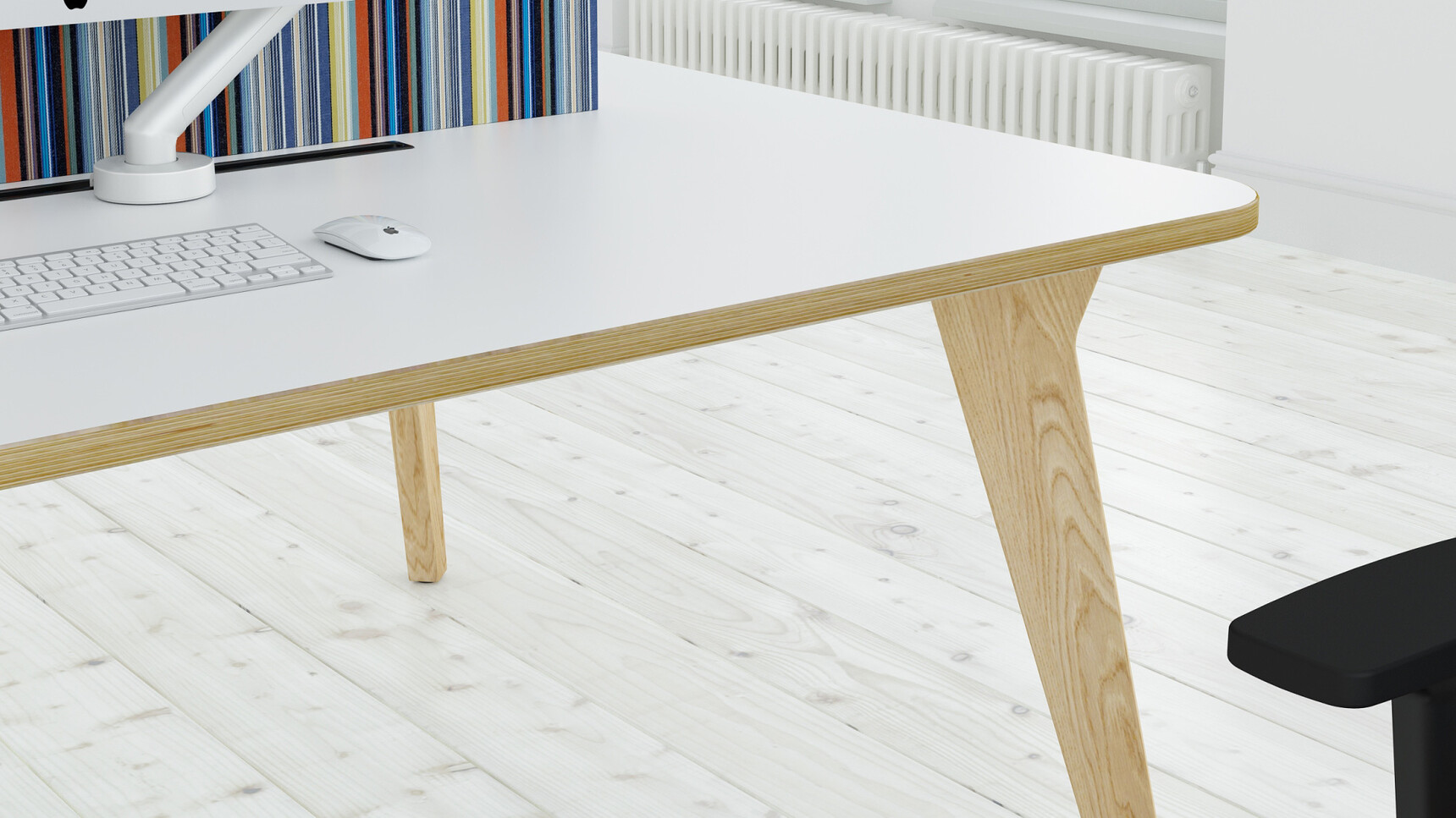 Elite Lux Double Bench Desk With White Table Top Finish And Wood Edge Finish And Wood Leg Finish With Optional Acoustic Screens And Elite Office Chair Detail Image