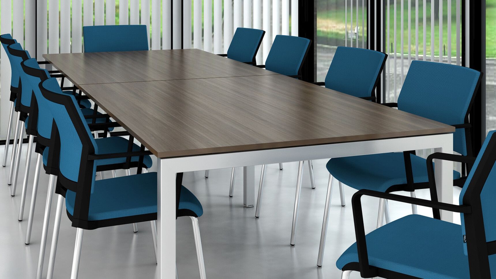 Elite Matrix Conference Table With Dark Wood Finish With Silver Legs With Ten Elite Chairs With Blue Upholstery At Table