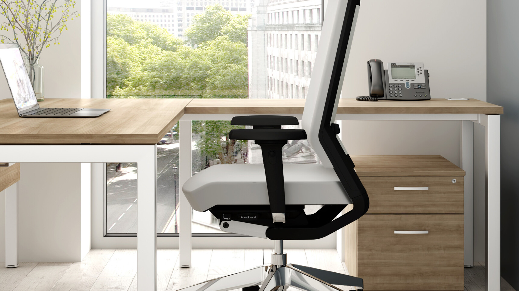 Elite Matrix Managers Workstation With Light Wood Table Top And White Metal Leg Finish With Elite Office Chair In White Upholstery With Wood Pedestal