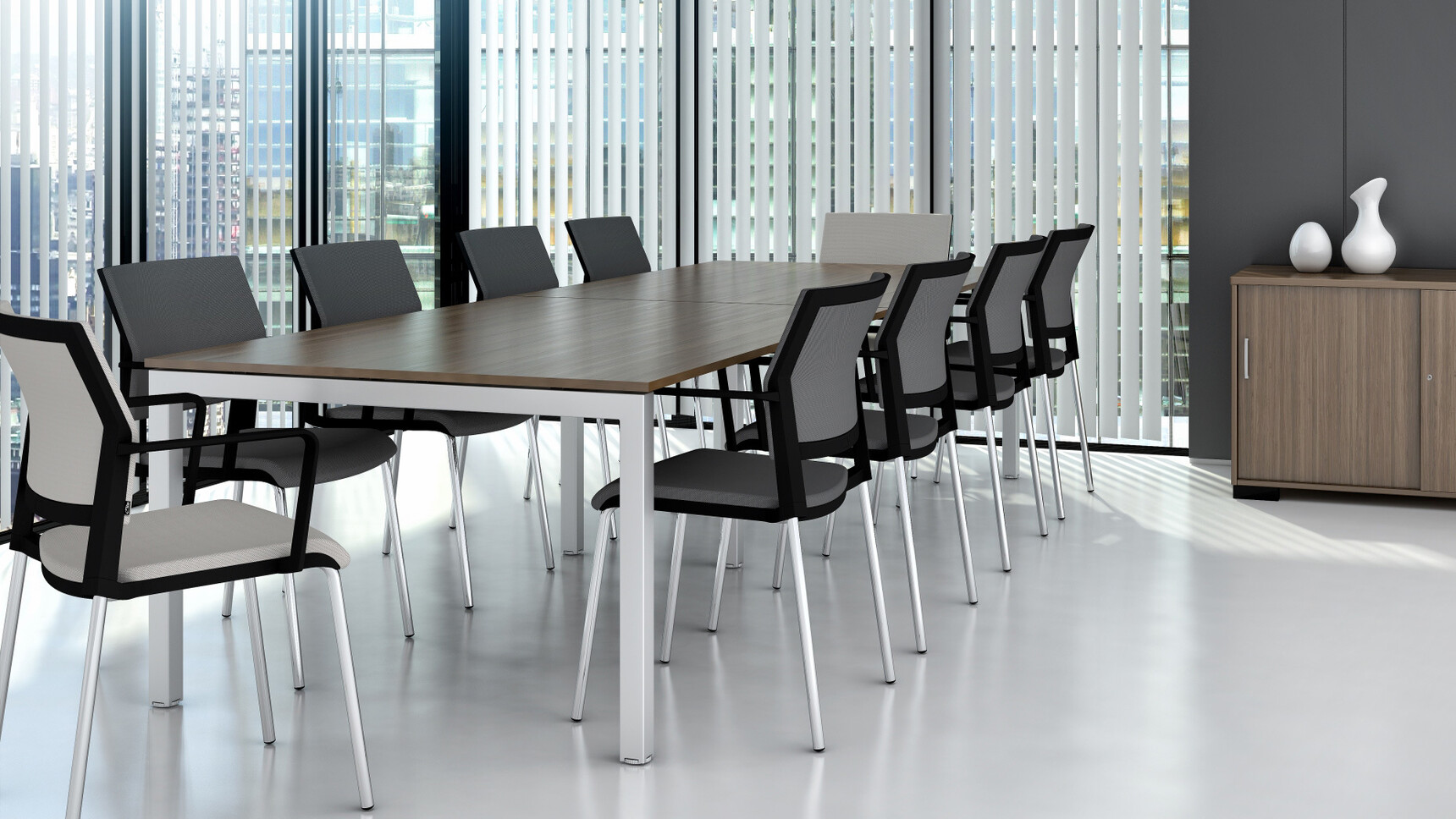 Elite Matrix Meeting Table With Dark Wood Table Top And Silver Metal Leg Finish With Ten Elite Office Chairs At Table With Credenza With Wood Finish