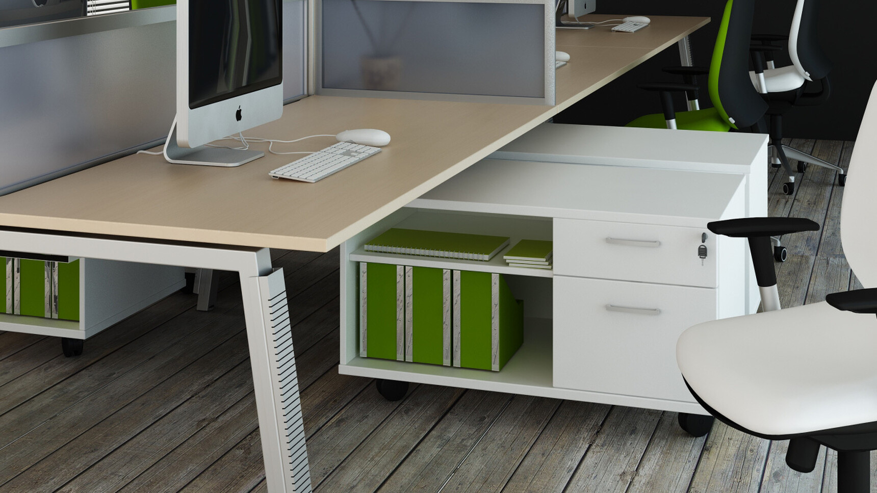 Three Elite Mobile Under Desks Pedestal & Storage Units with Two Drawers With White Finish On Castors Under Wood Finish Desk