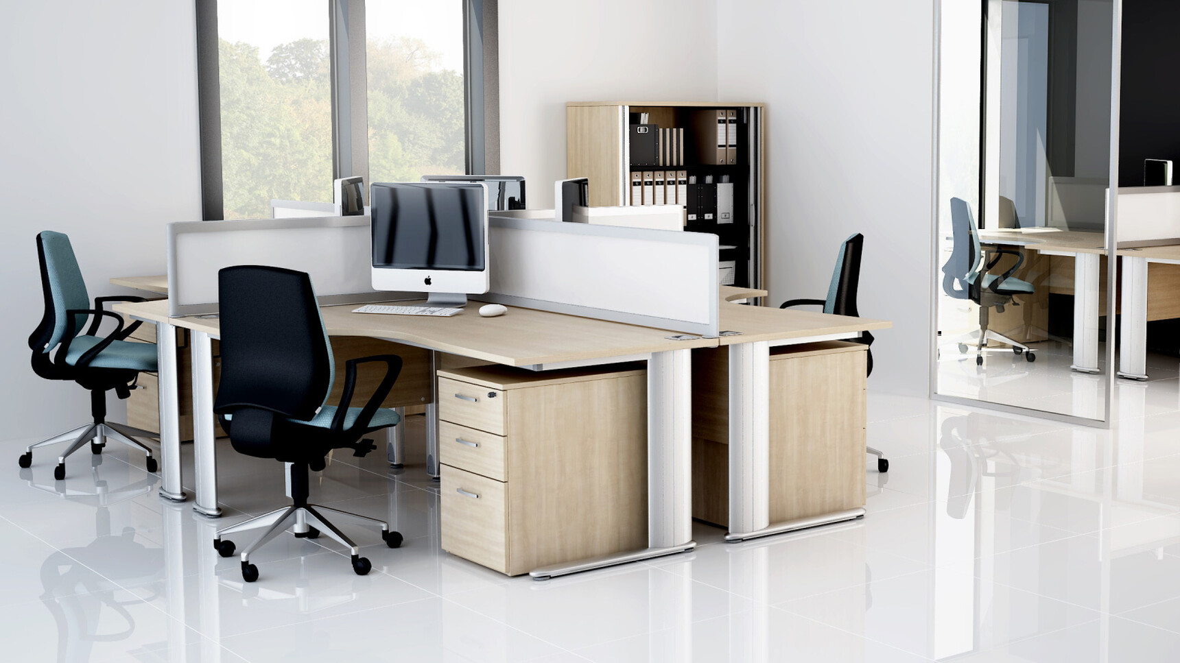 Six Elite Optima Plus Crescent Workstations With Wood Table Top Finish And Silver Metal Legs With Pedestals Under The Workstations With Four Elite Office Chairs At Desks