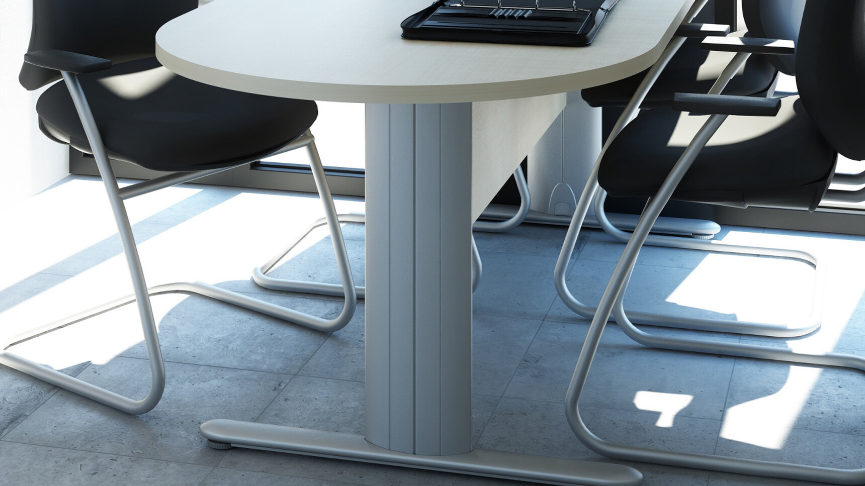 Elite Optima Plus Double D Ended Conference Table One Section Top With Wood Table Top Finish With Silver Metal Leg Finish With Four Elite Office Chairs At Desk